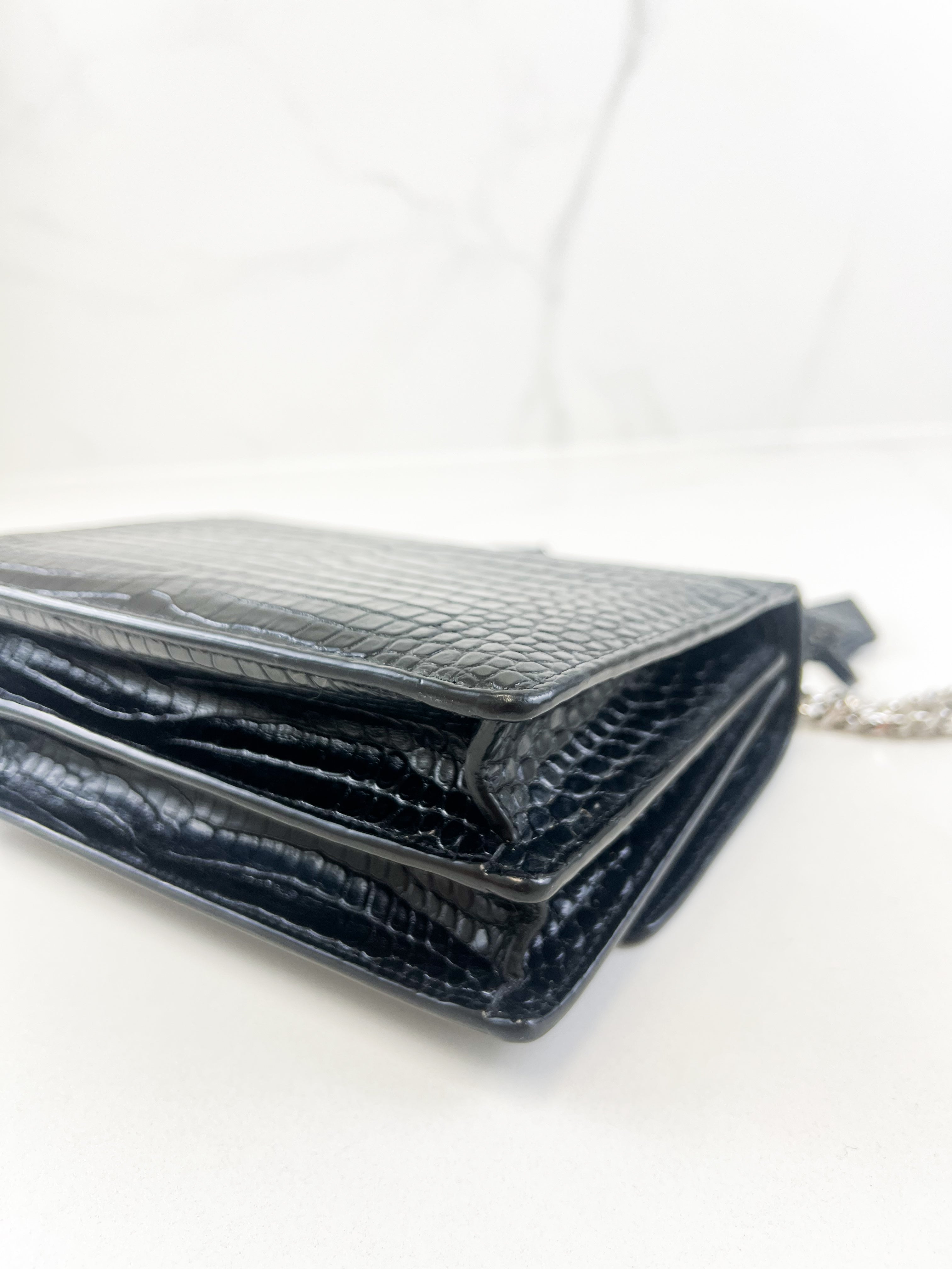 Saint Laurent Sunset Medium Black Croc Shoulder Bag with SHW