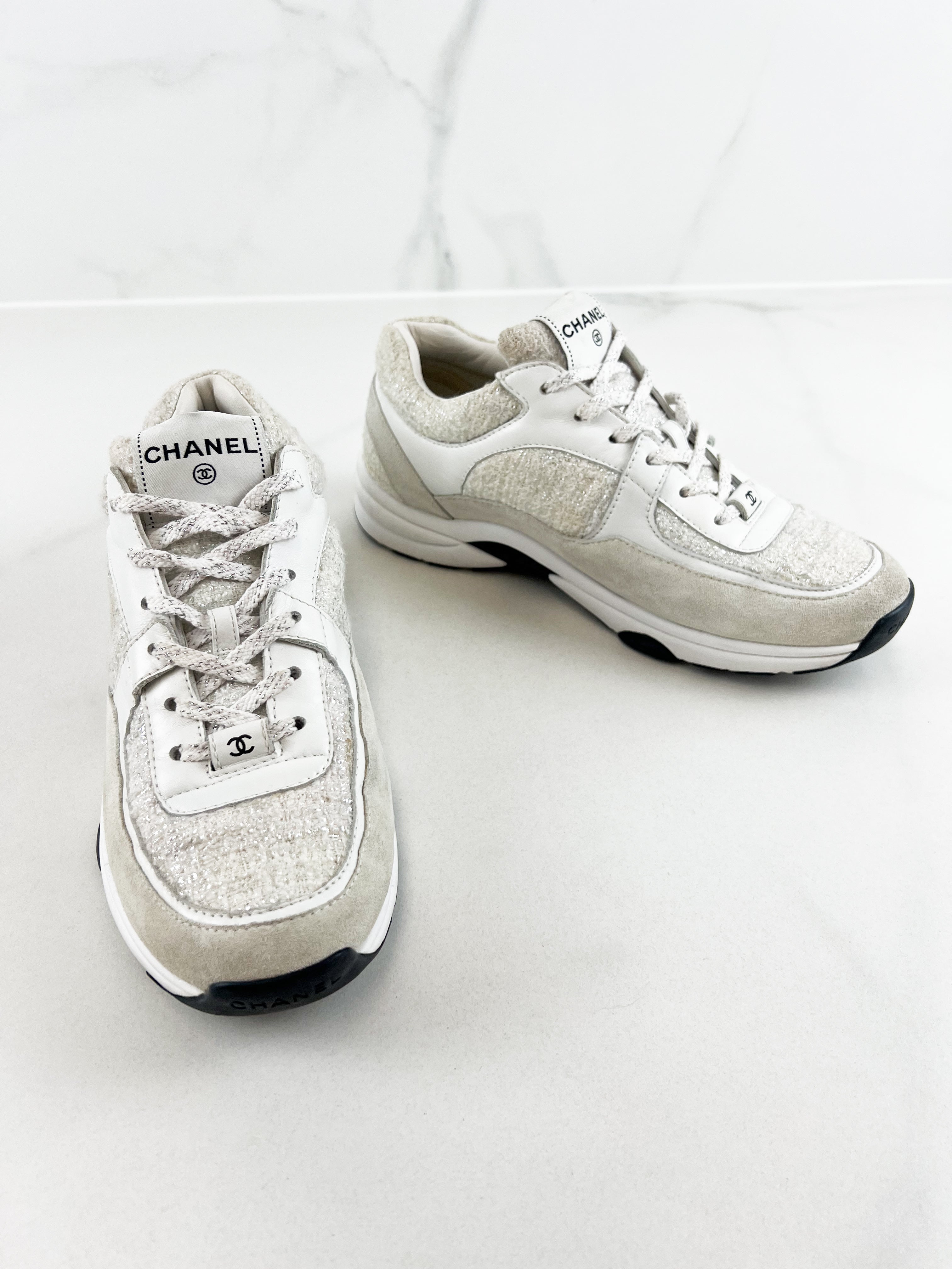 Chanel Painted Iridescent Cotton Tweed Suede CC Sneakers Size 40