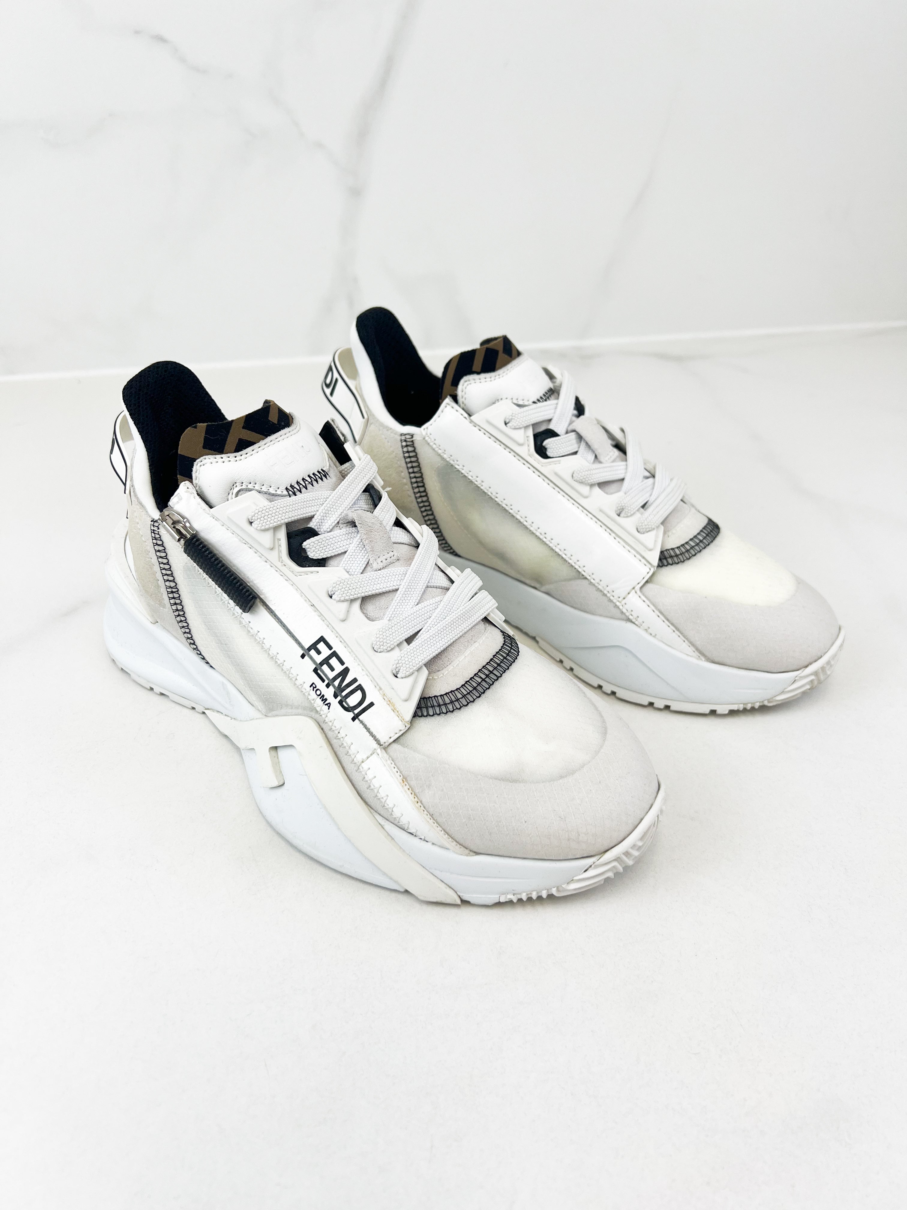 Fendi Flow Sneaker White Nylon & Suede Low Top Size 36