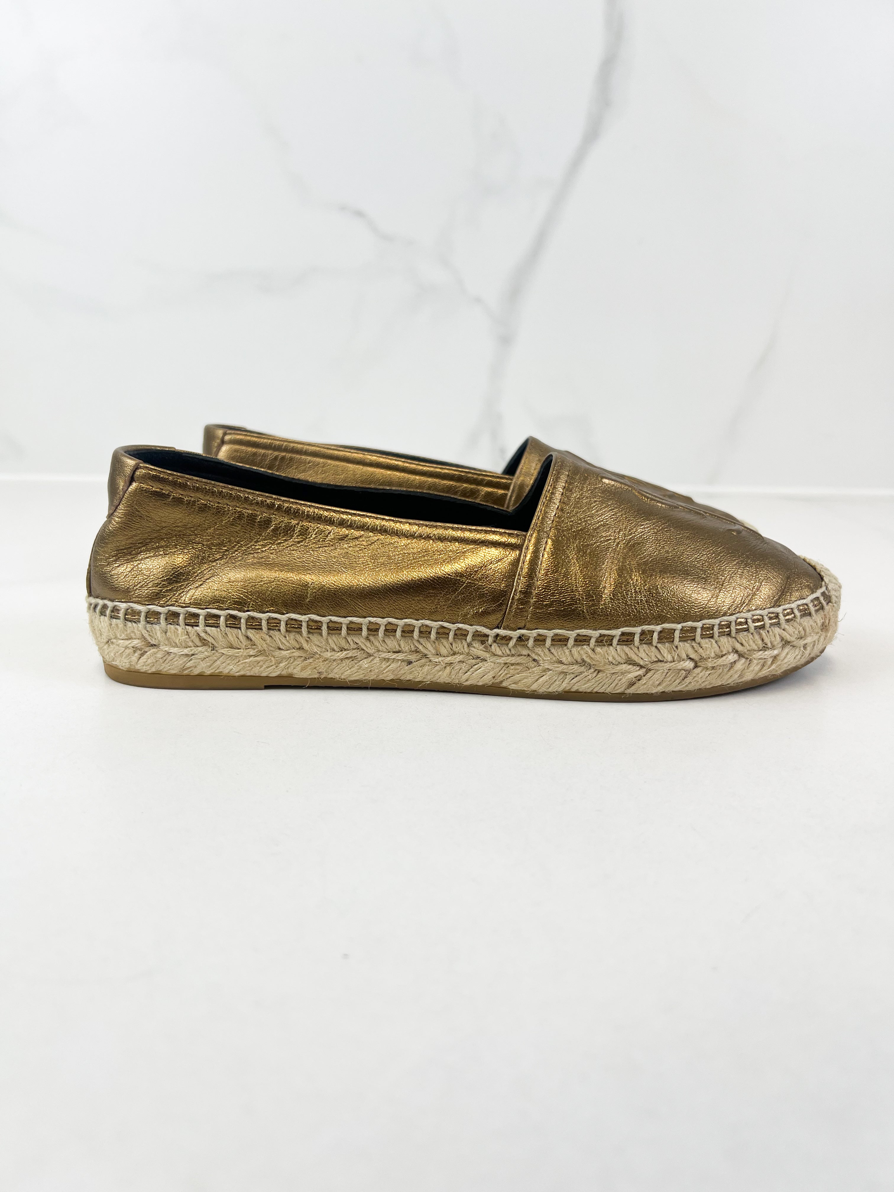 Saint Laurent Logo Espadrilles in Gold Size 35