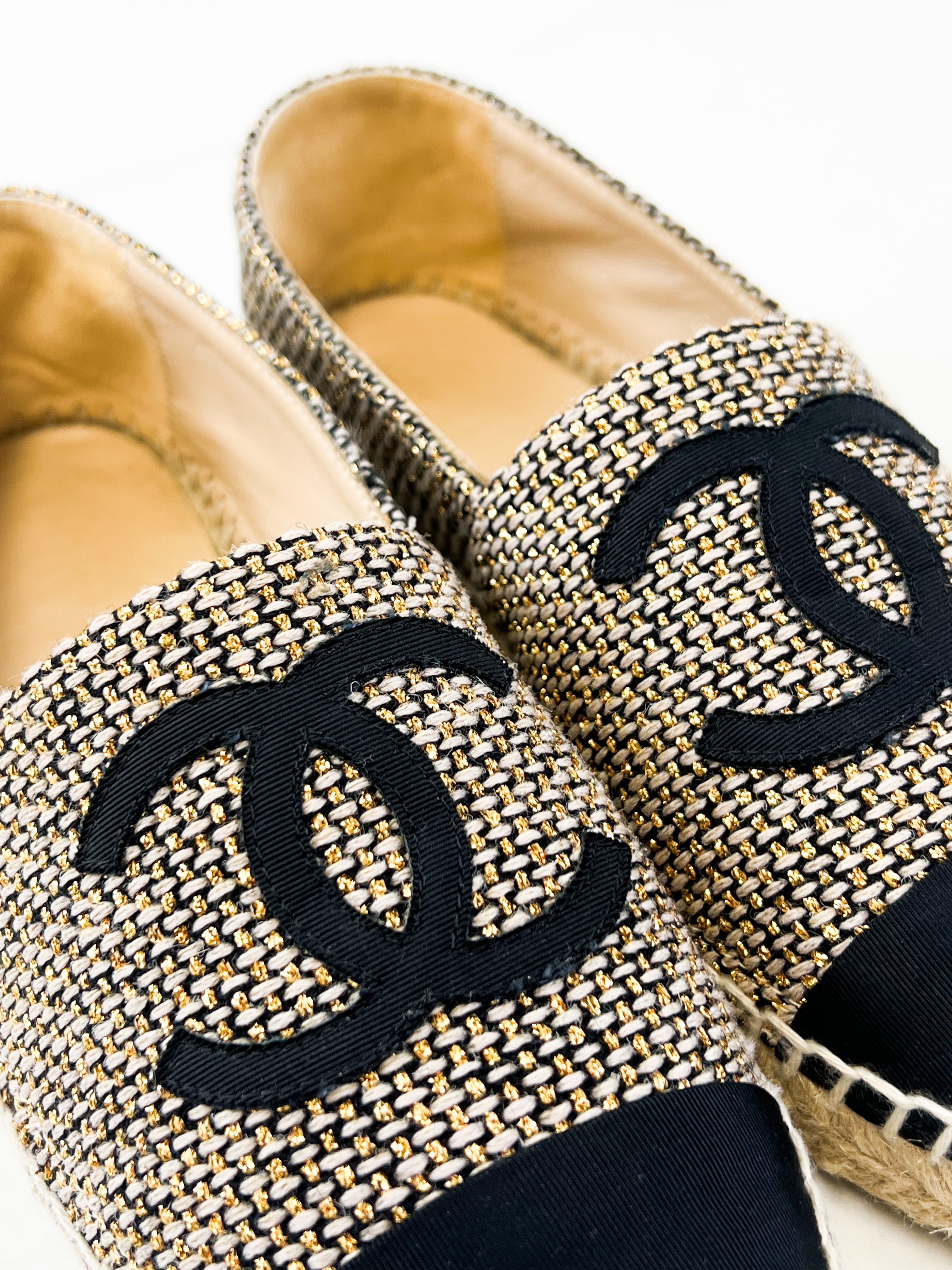 Chanel CC Gold & Black Fabric Espadrille Size 37
