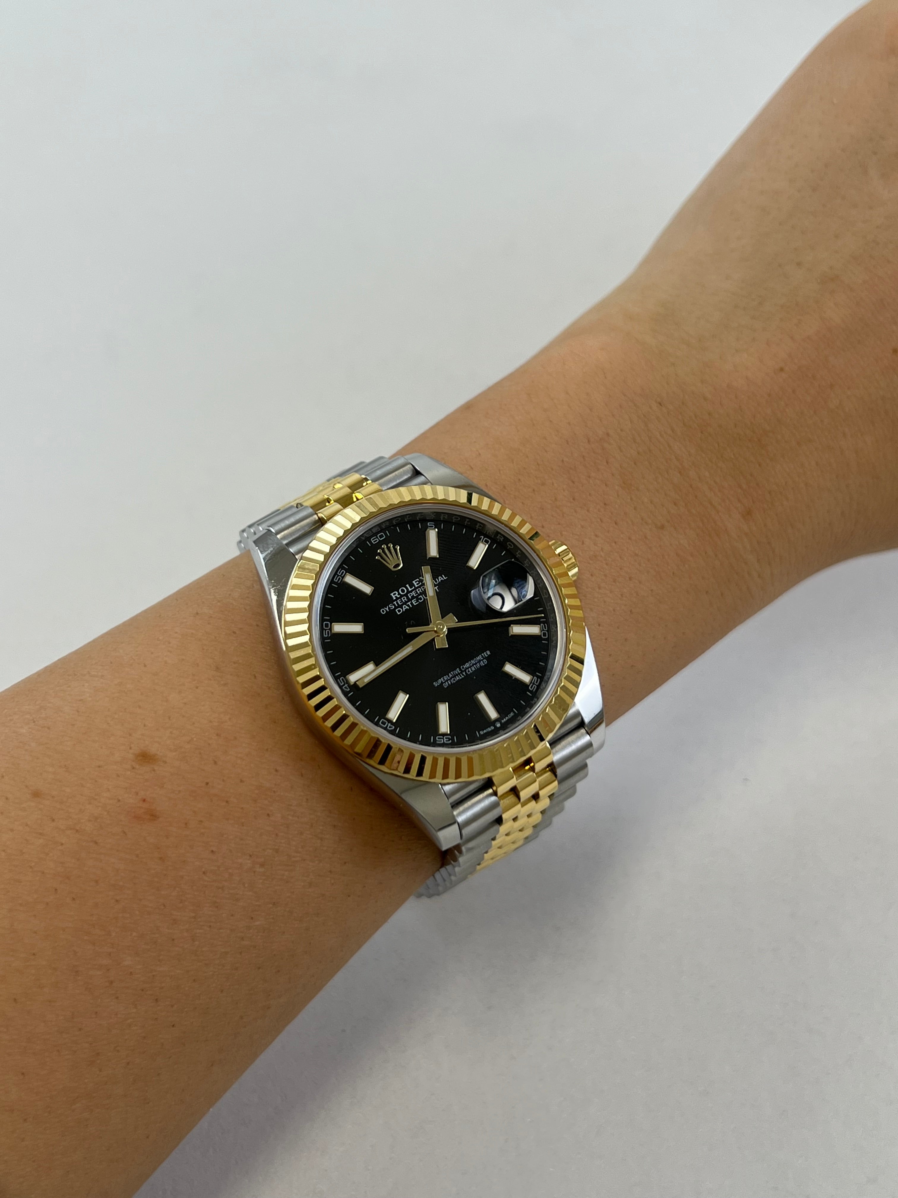 Rolex Datejust 41mm Fluted Bezel Jubilee Bracelet Black Face Stick Dial