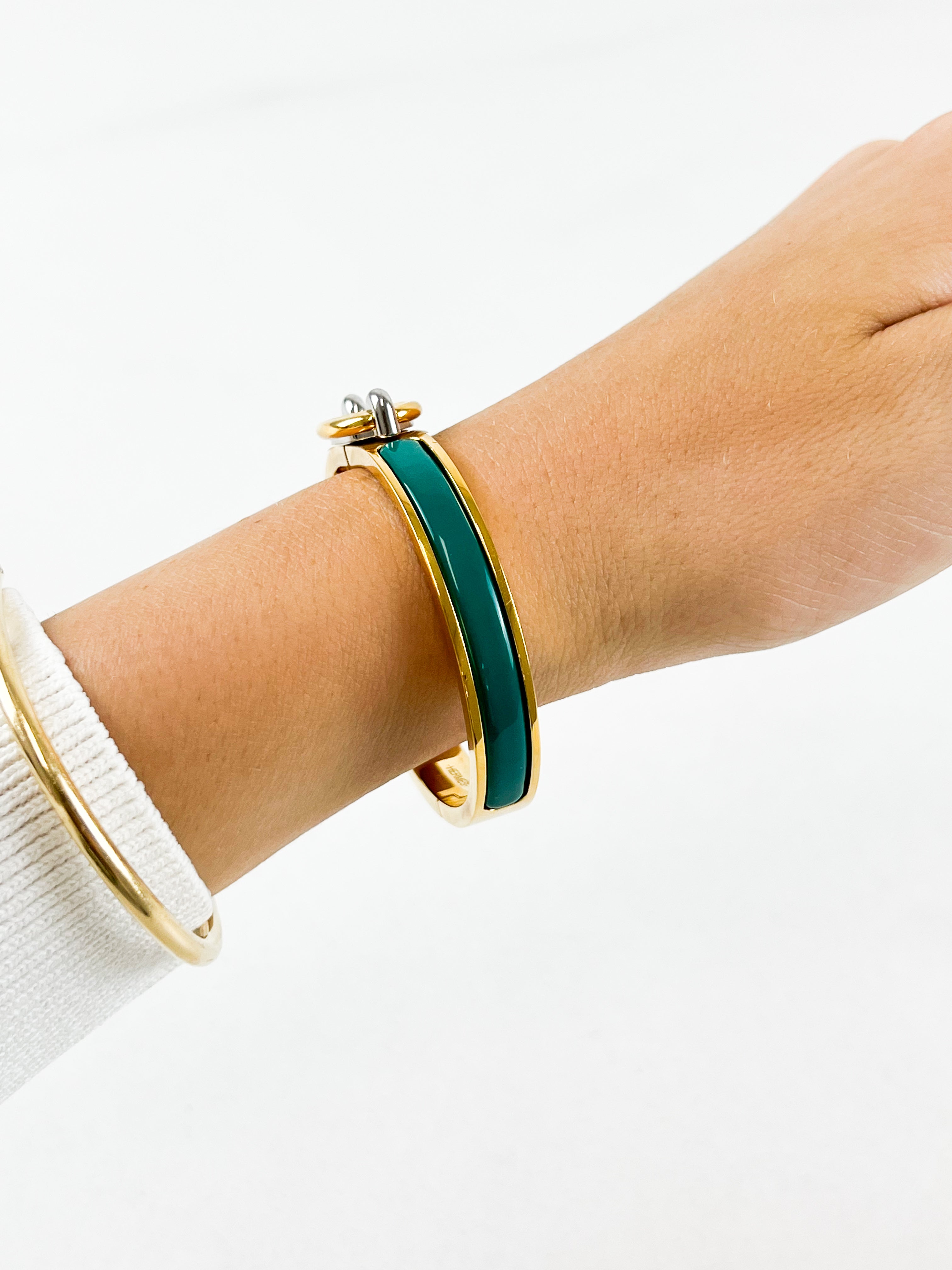 Hermès Mini Clic Chaîne d'Ancre Enamel Bracelet in Gold / Vert Bleuet
