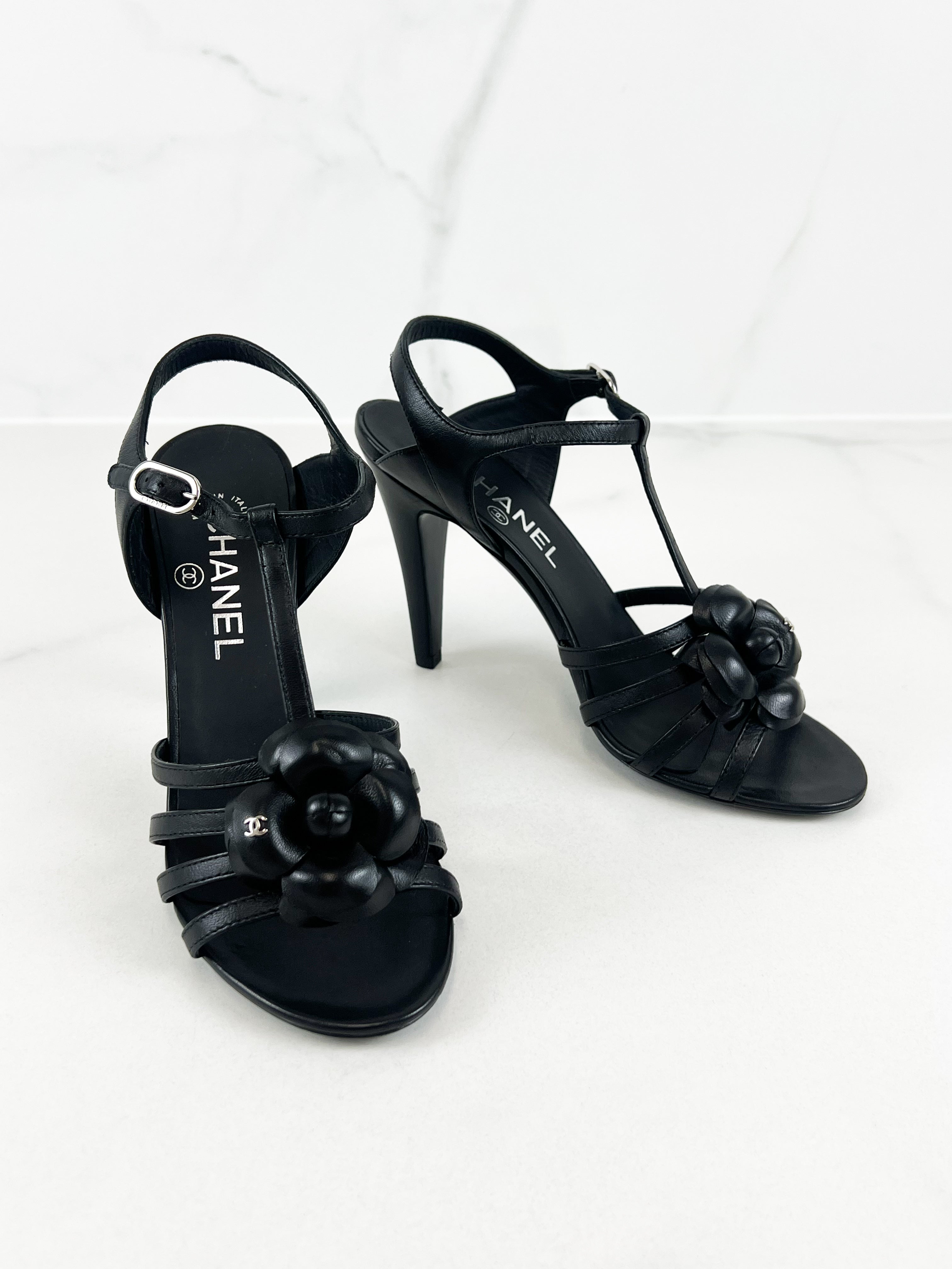 Chanel CC Black Leather Camellia Strappy Sandal