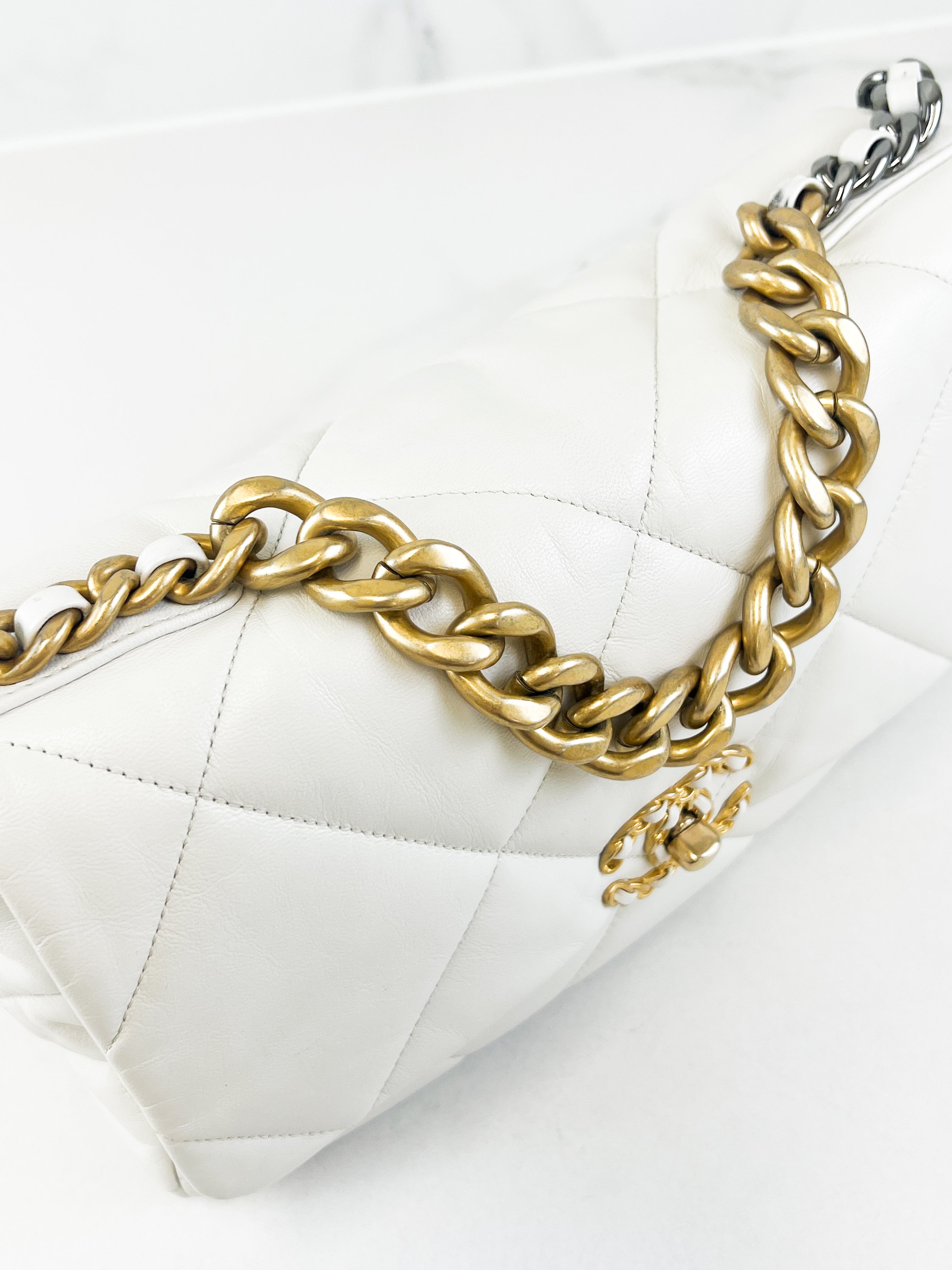 Chanel White Large Lambskin 19 with Gold & Silver Tone Hardware