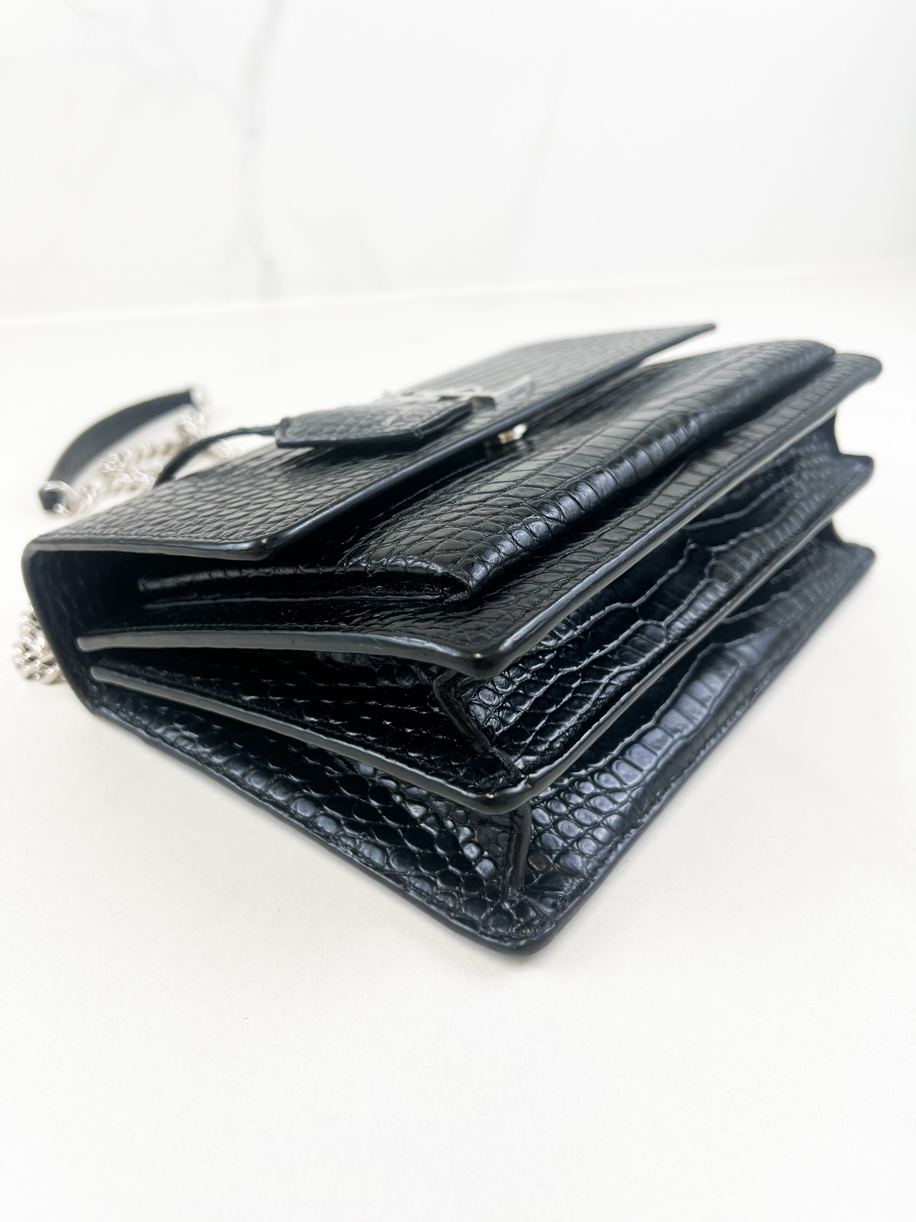 Saint Laurent Sunset Medium Black Croc Shoulder Bag with SHW