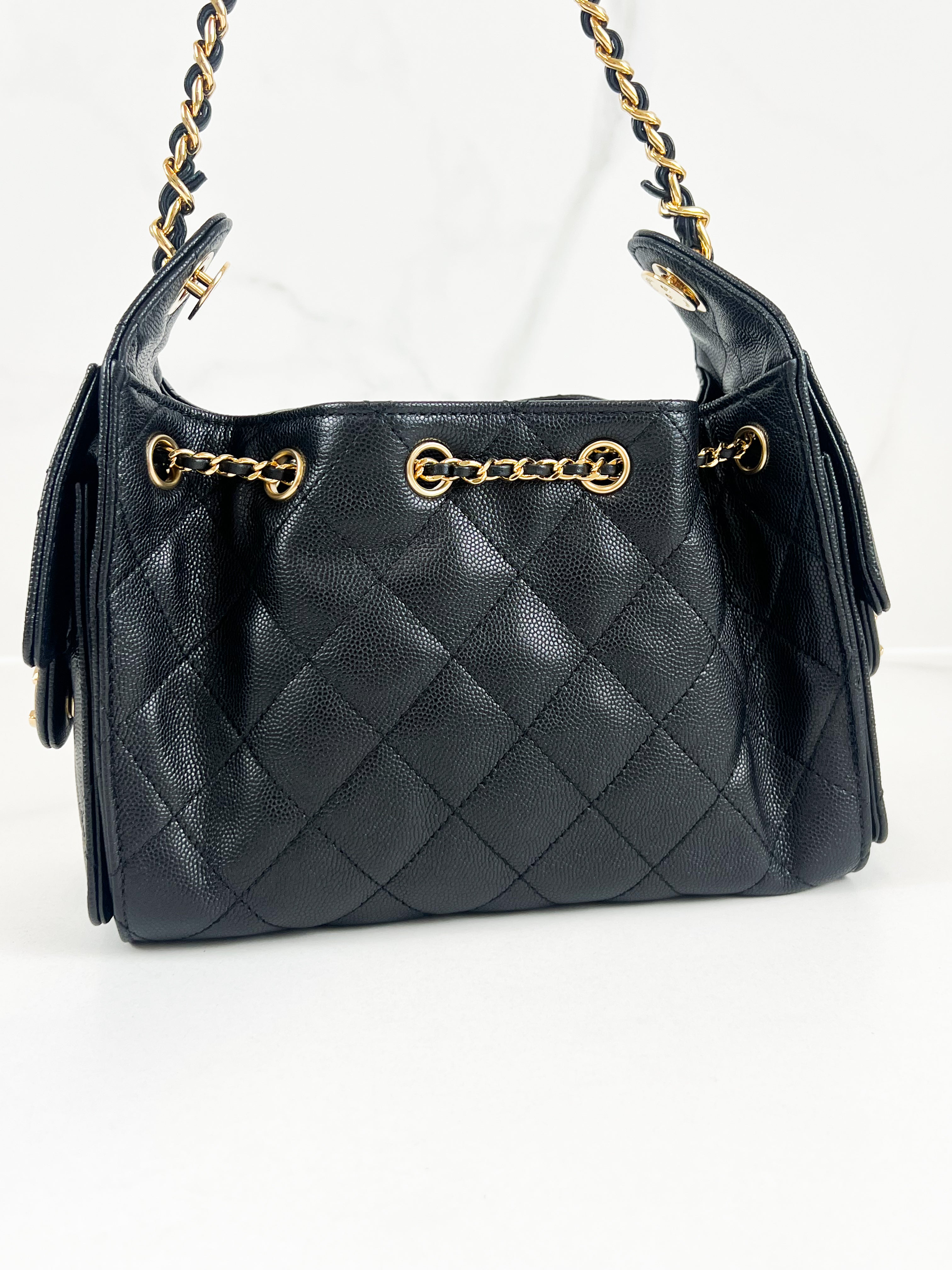 Chanel 25 Mini Handbag in Black Grained Calfskin & Gold-Tone Metal