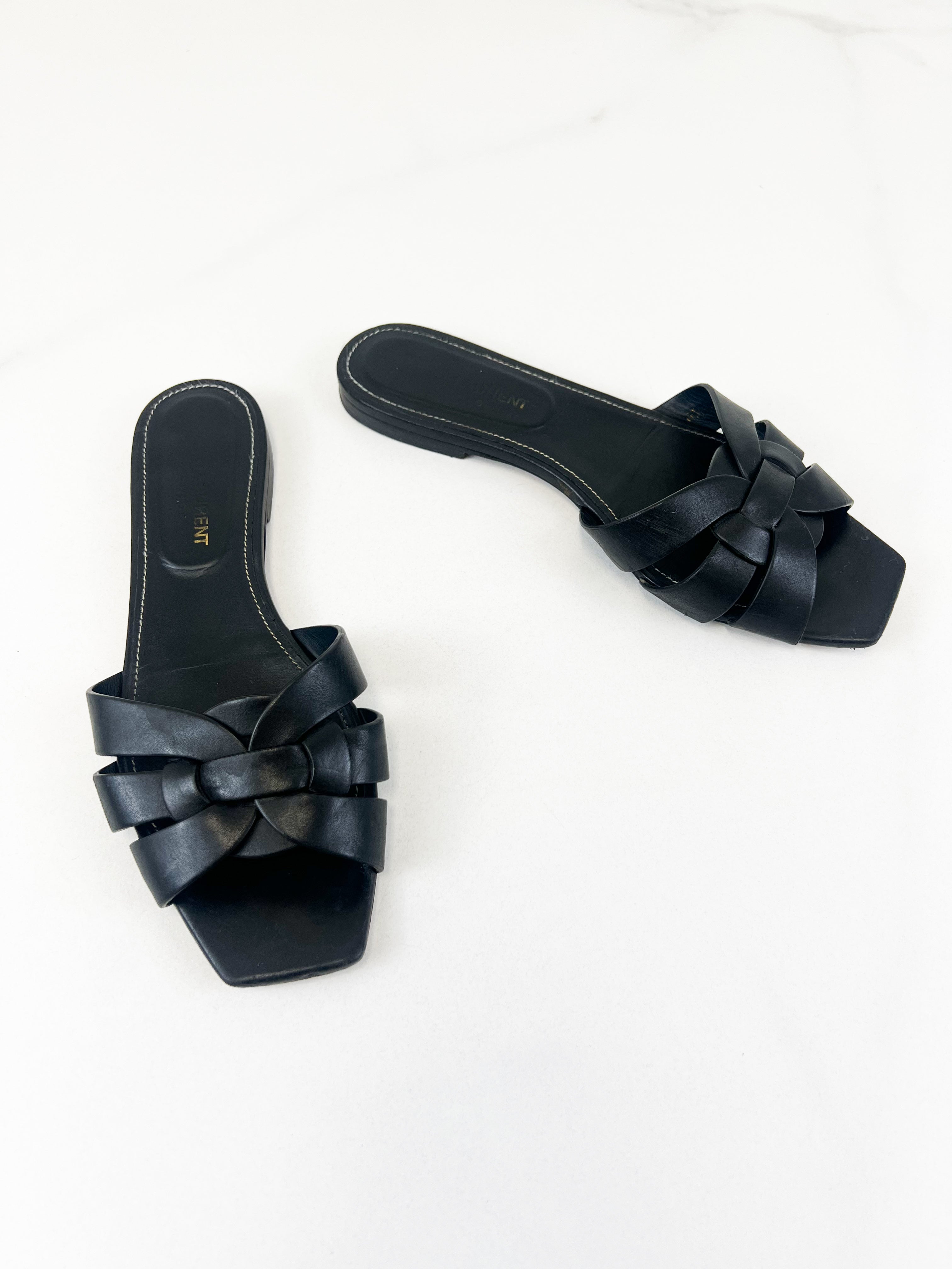 Saint Laurent Black Tribute Flat Mules Size 37.5