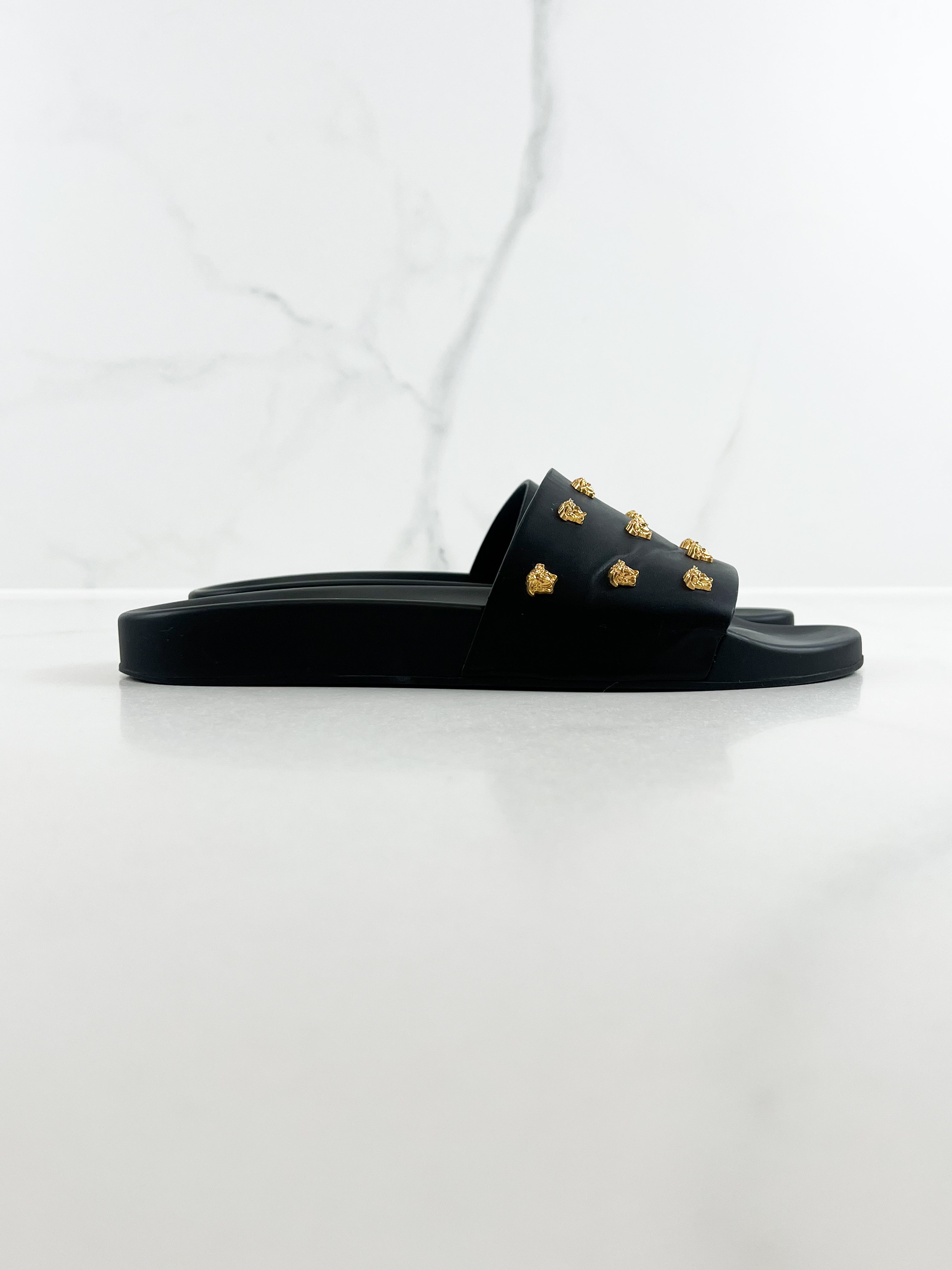 Versace Medusa Stud Leather Slides in Black Size 40