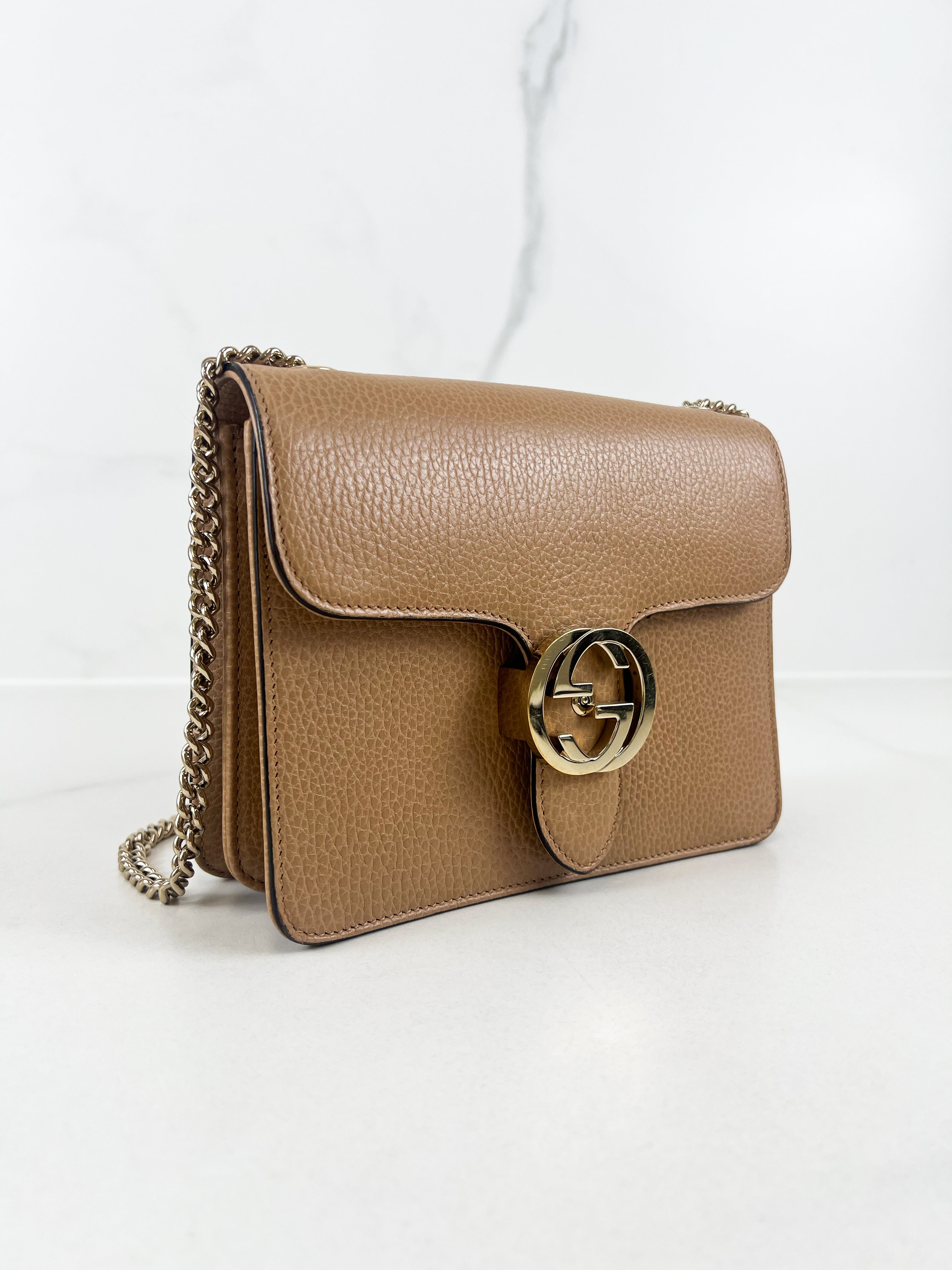 Gucci GG Interlocking Small Leather Shoulder Bag in Beige