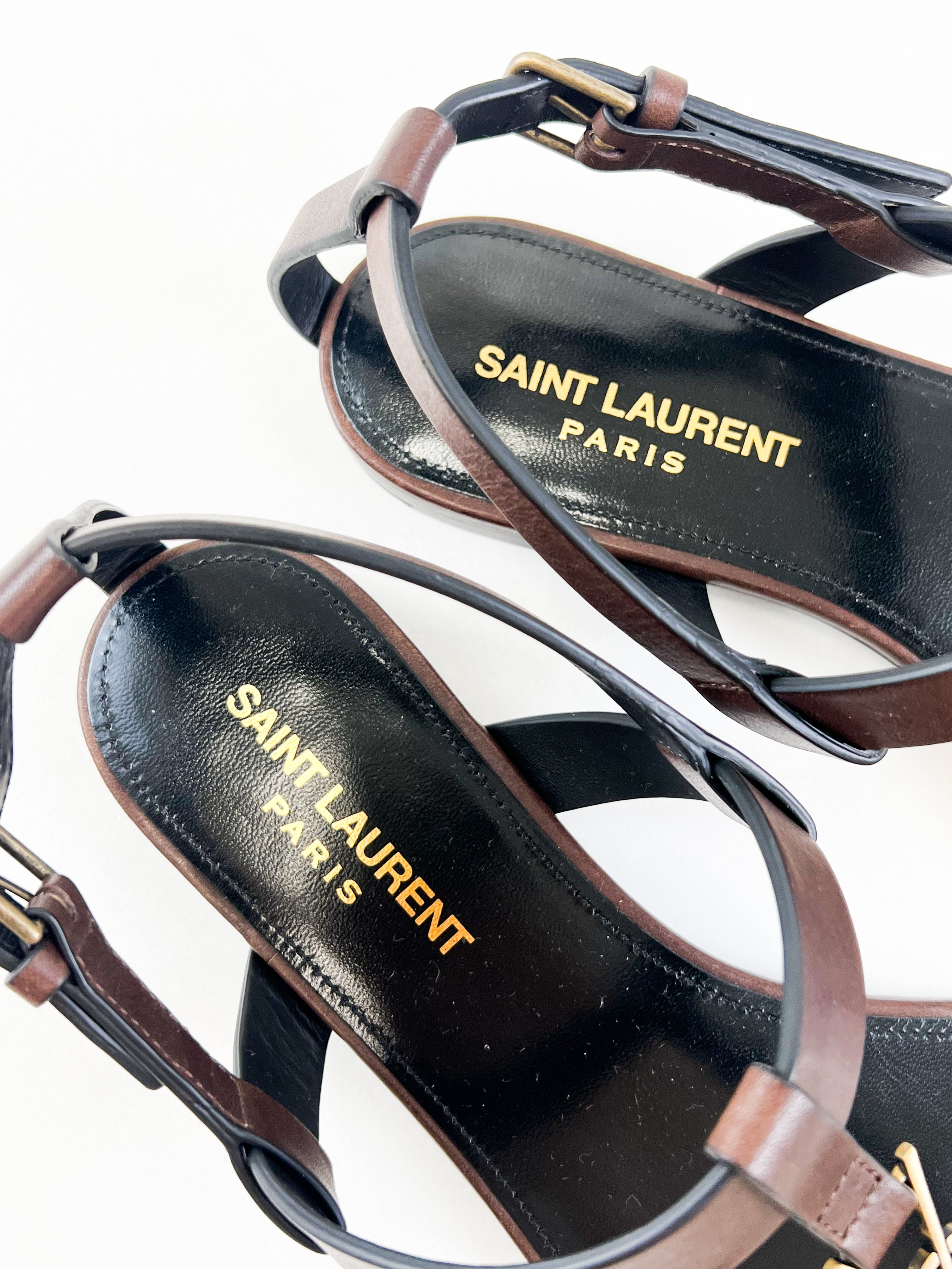 Saint Laurent Cassandra Flat Sandal in Chocolate Patent Leather 37.5