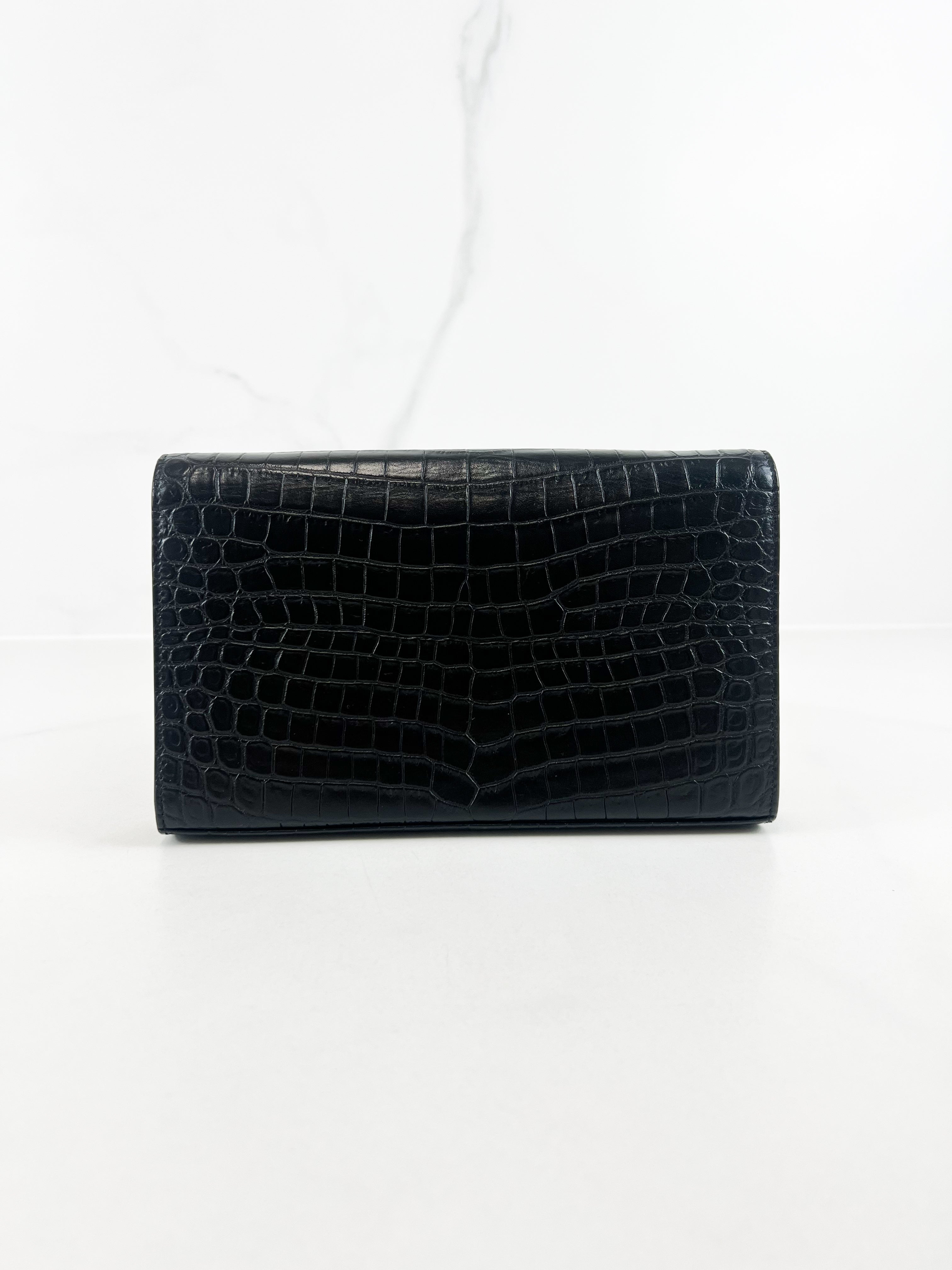 Saint Laurent Black Kate Chain Bag in Embossed Croc Leather