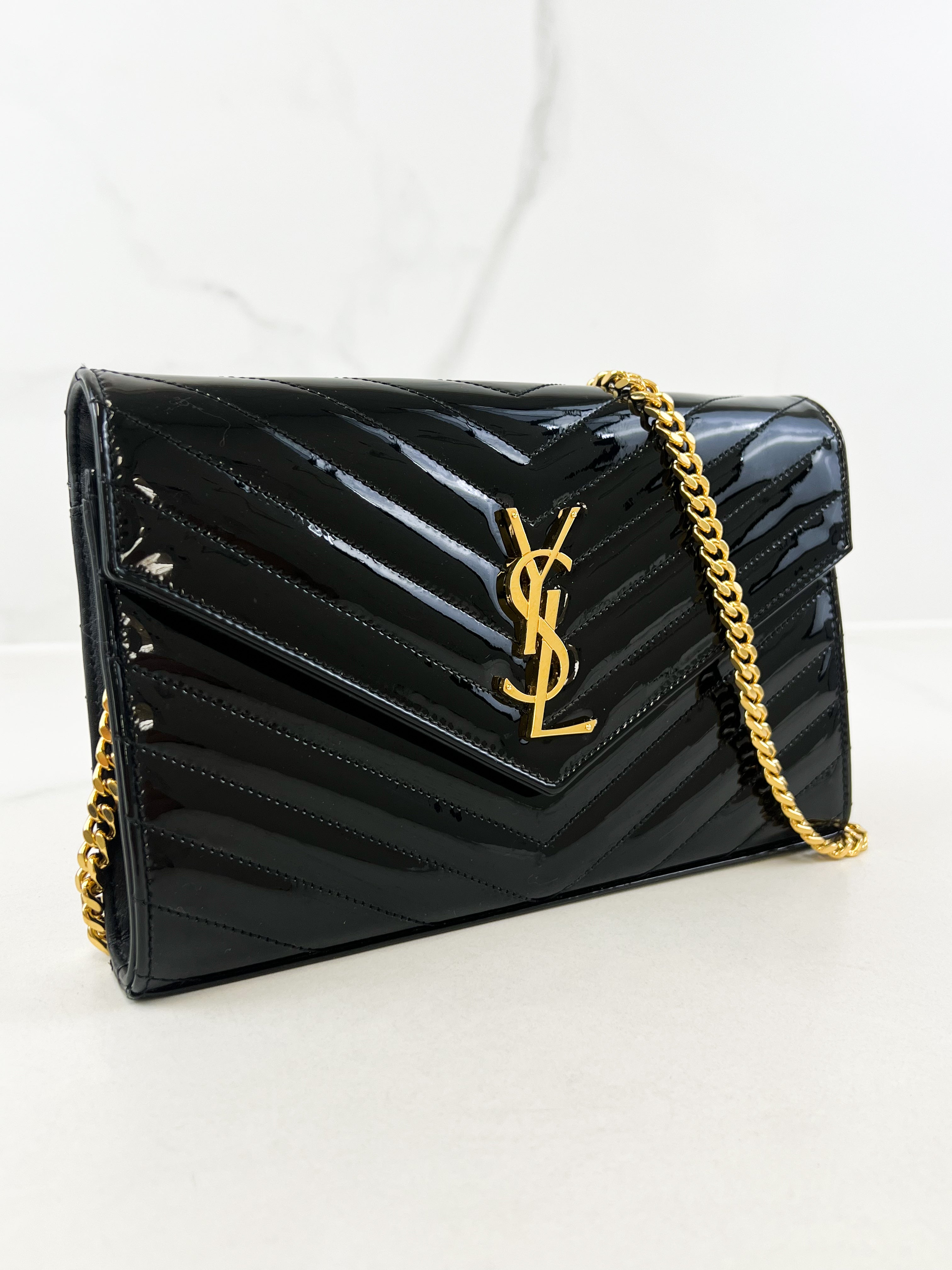 Saint Laurent Patent Black Cassandre Chain WOC with GHW
