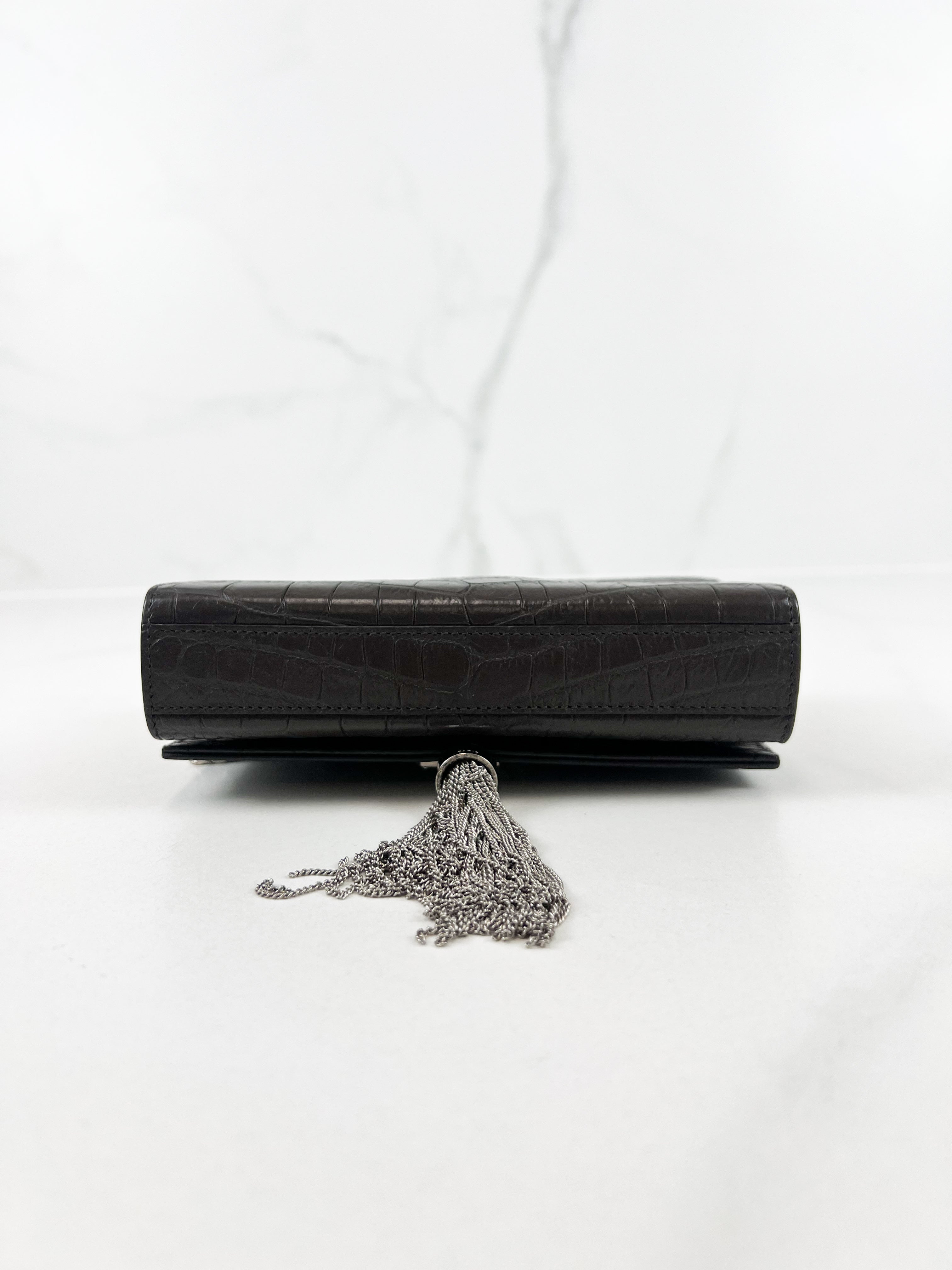 Saint Laurent Mini Kate Croc Embossed with SHW Tassel in Charcoal Brown