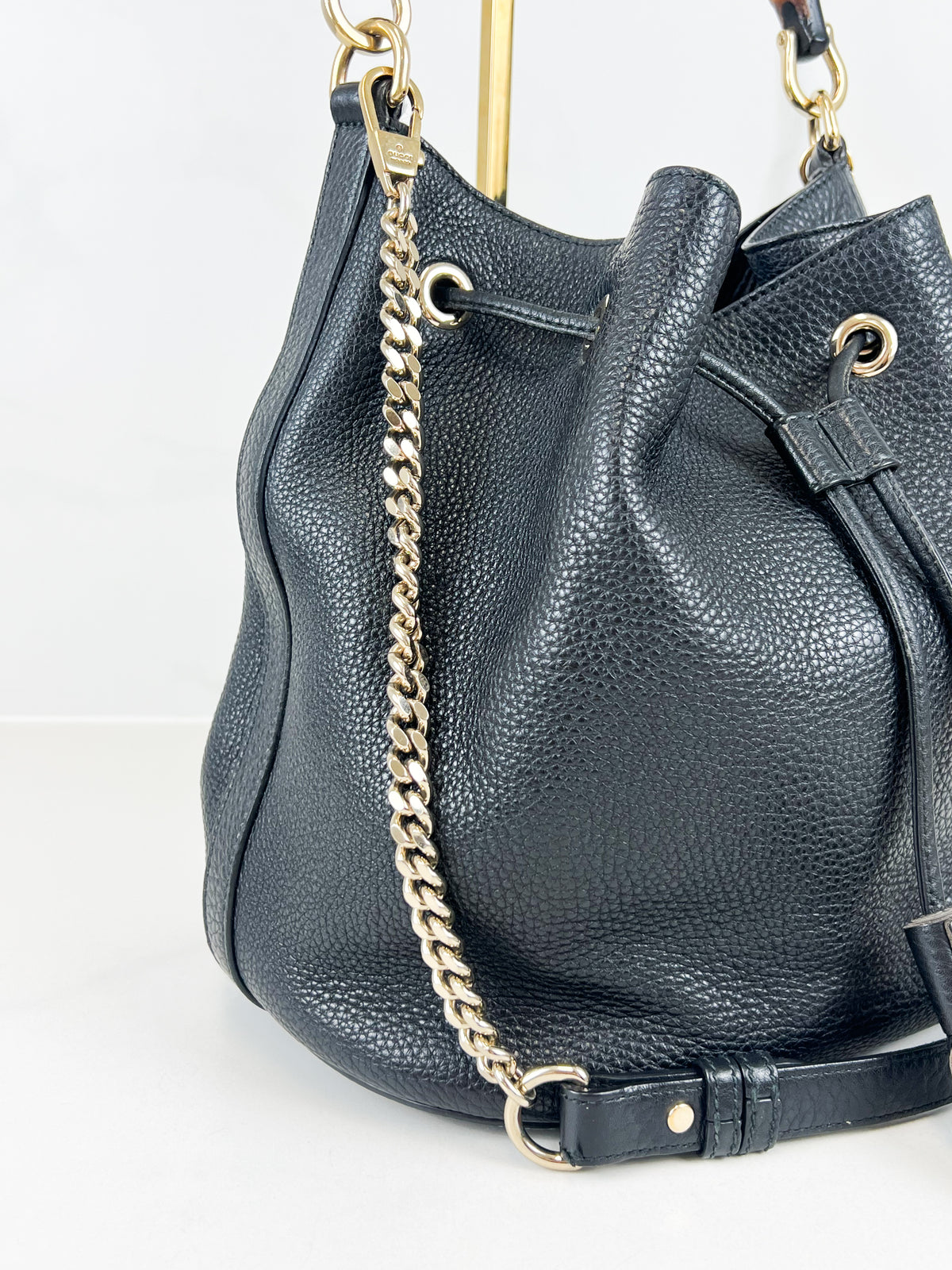 Gucci Miss Bamboo Bucket Bag in Black Grained Leather