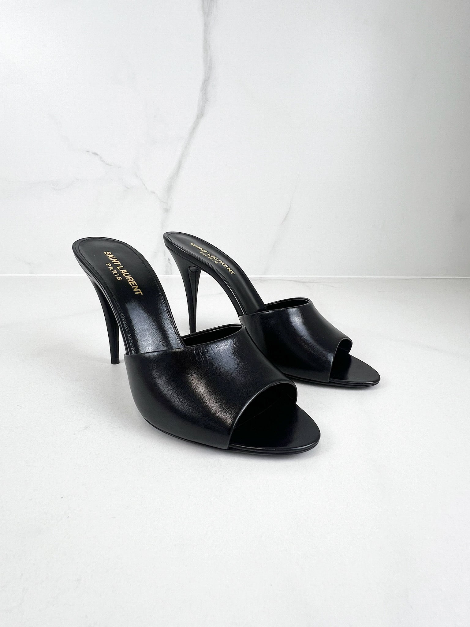 Saint Laurent Black Leather Belfagor Open Toe Slide Sandals Size 38