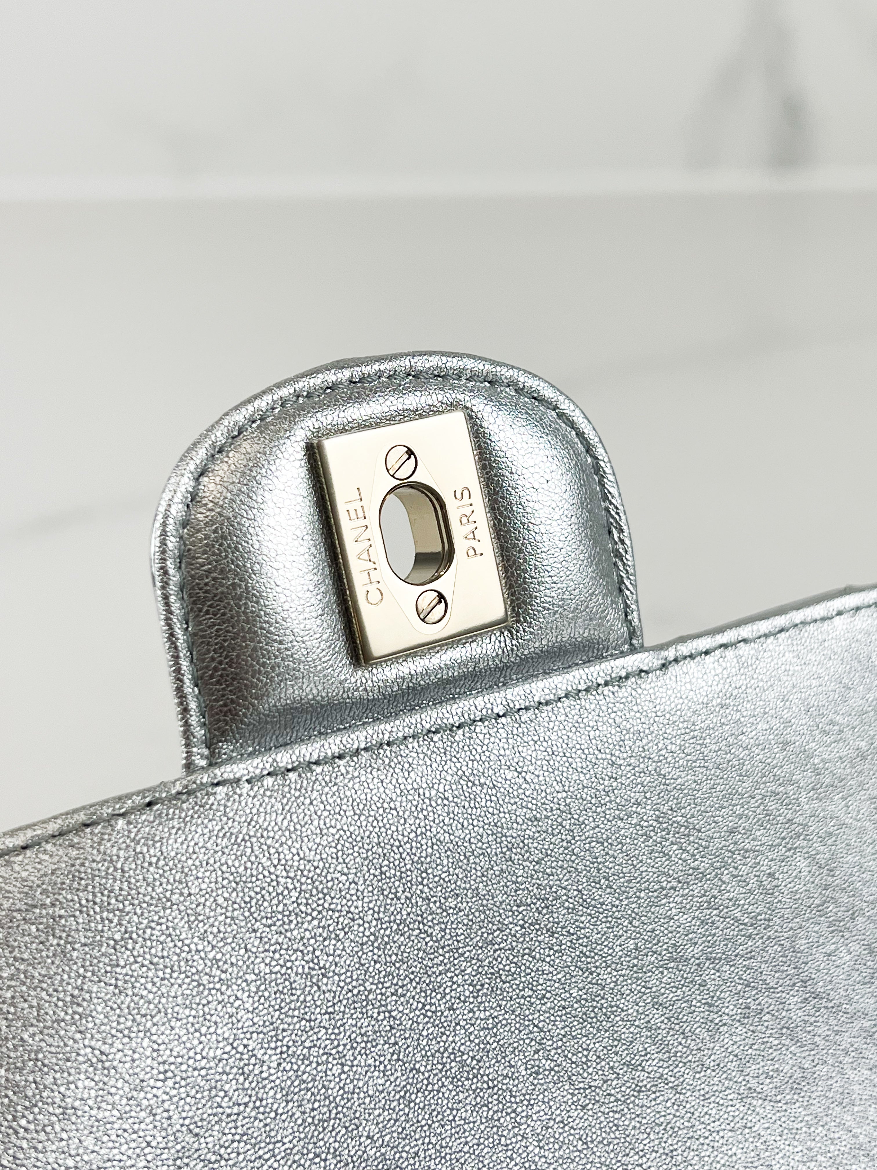 Chanel Patent Mini Square in Silver with SHW