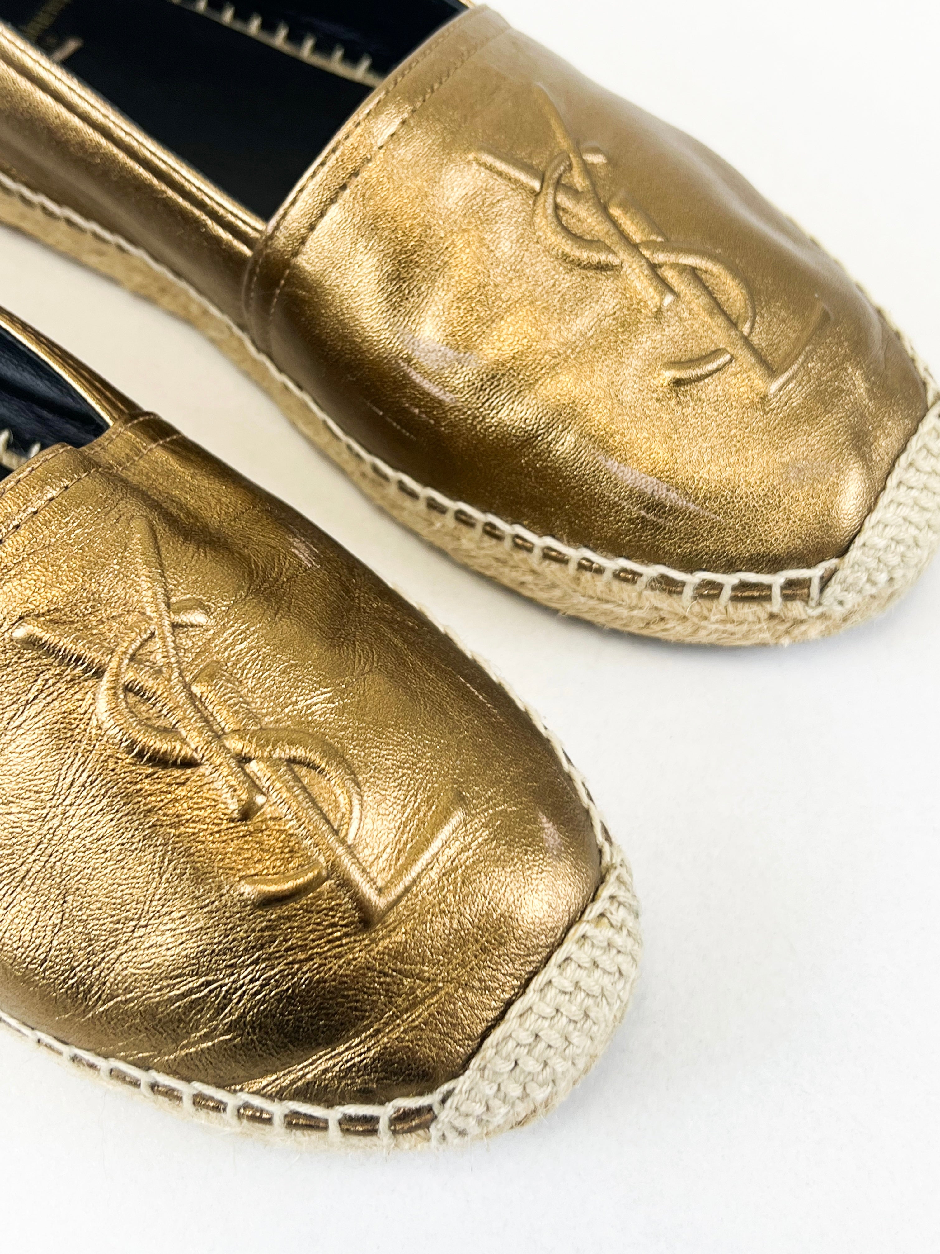 Saint Laurent Logo Espadrilles in Gold Size 35