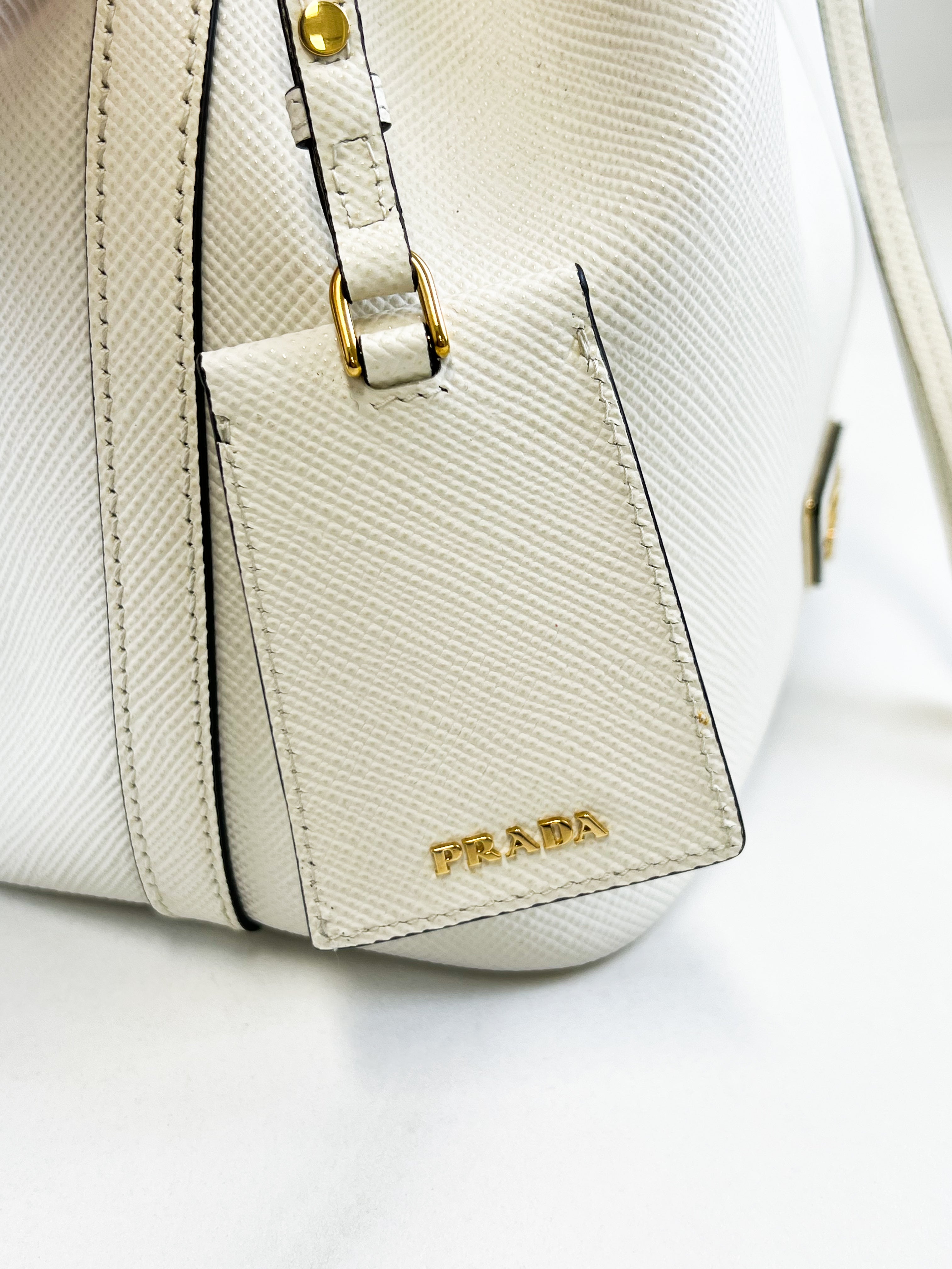 Prada Saffiano Top Handle Bucket Bag in White