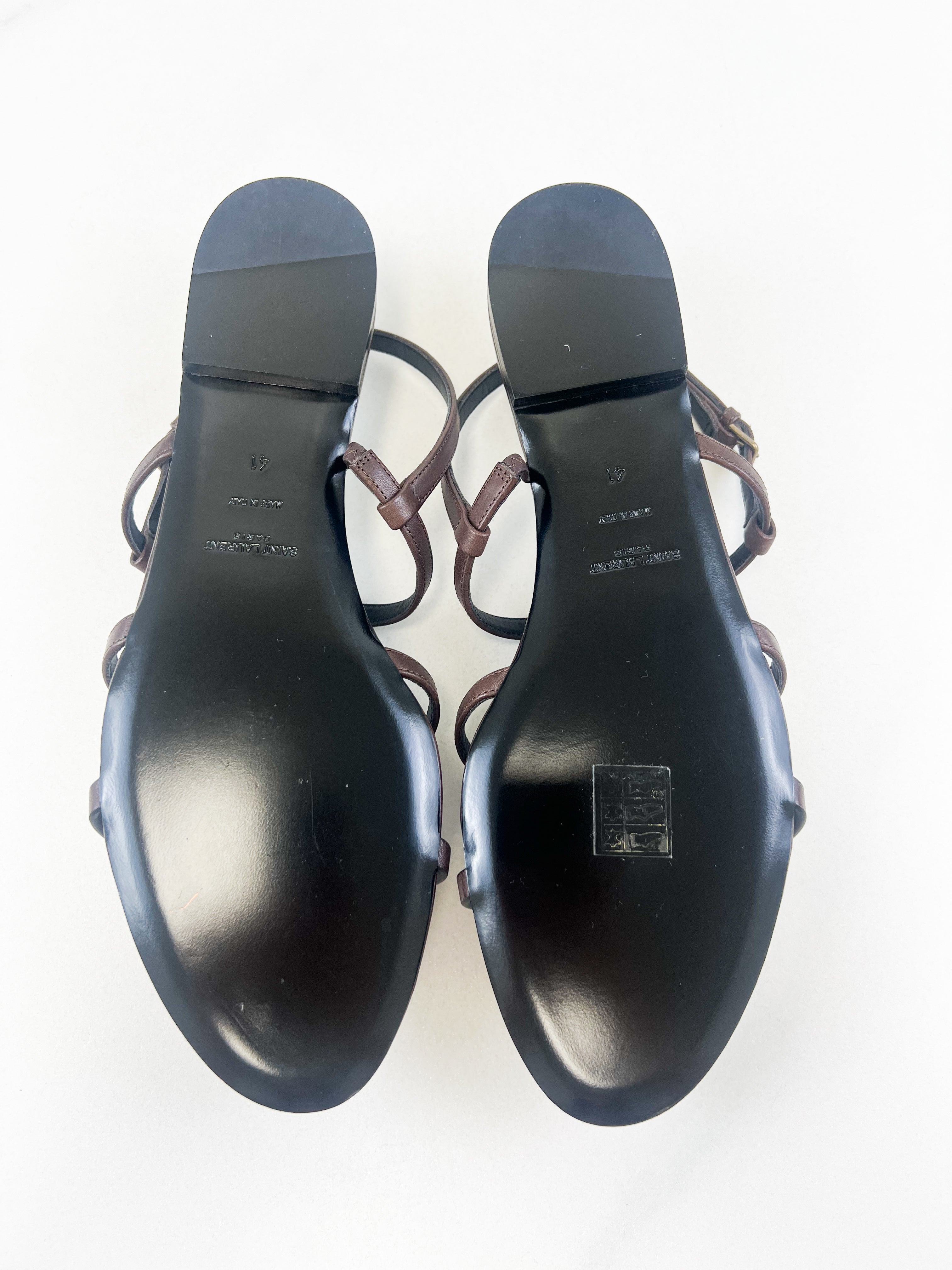 Saint Laurent Cassandra Flat Sandal in Chocolate Patent Leather Size 41