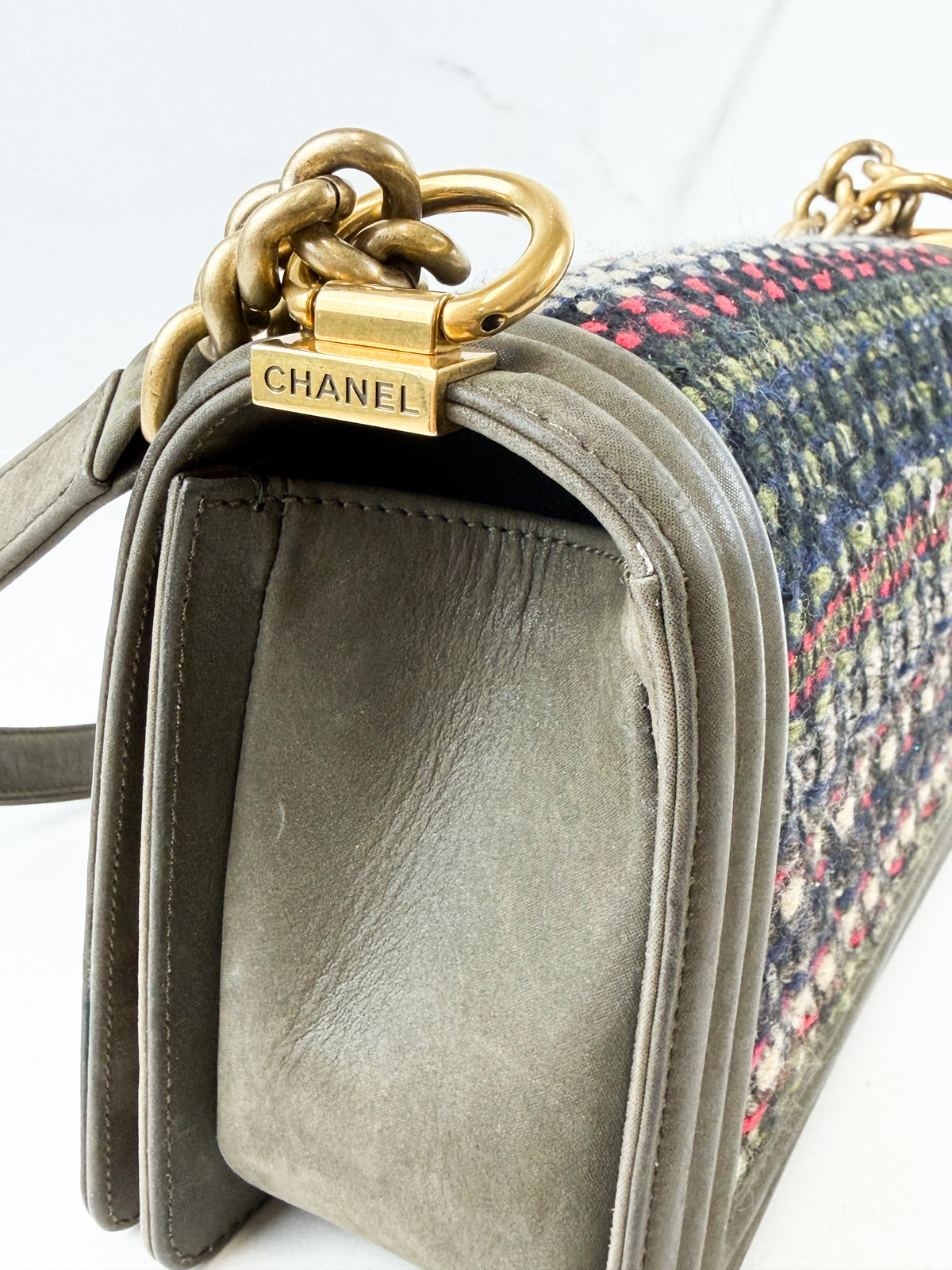 Chanel Khaki Fantasy Tweed Medium Boy Bag
