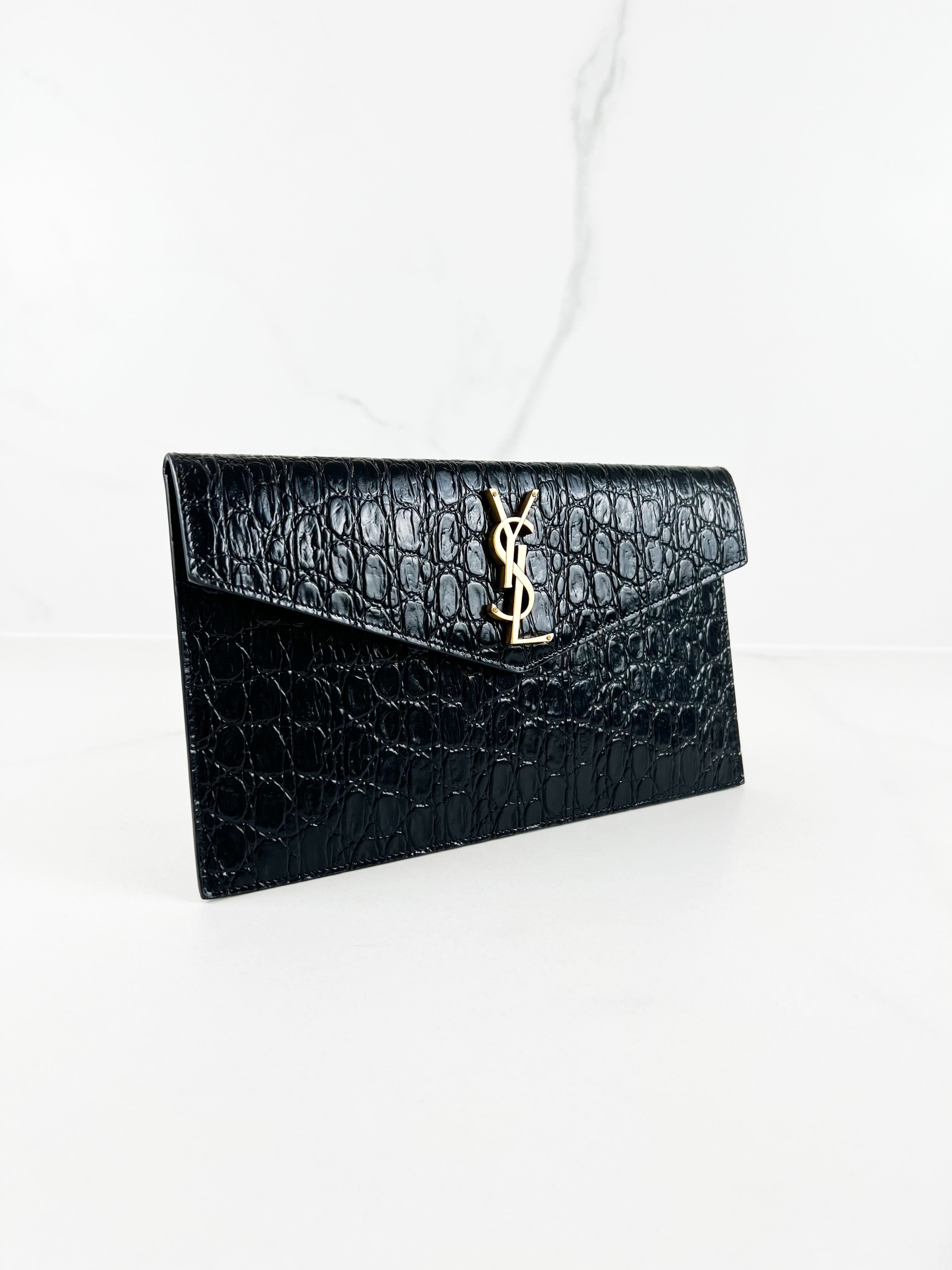 Saint Laurent Black Croc Uptown Envelope Clutch