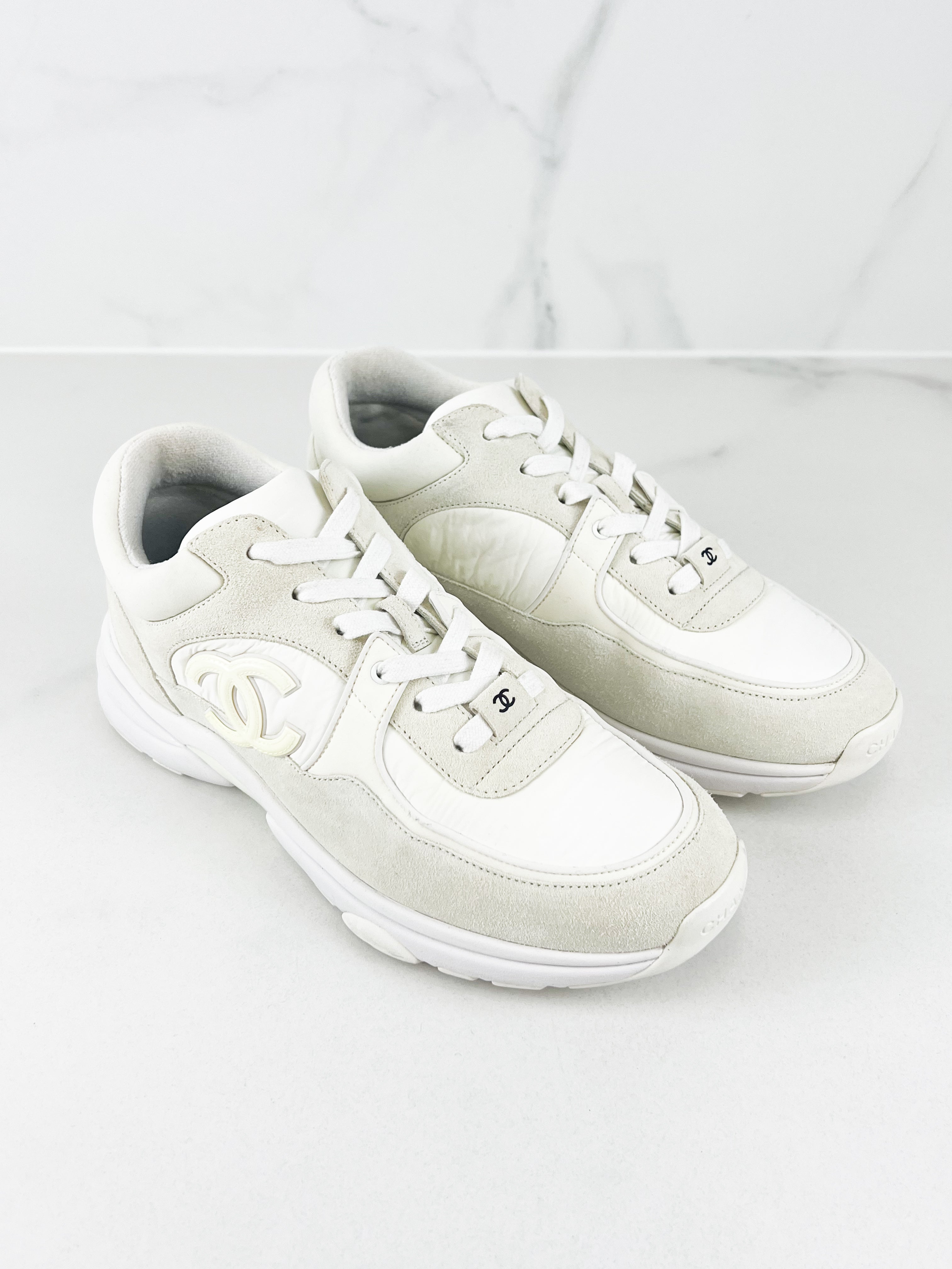 Chanel CC White Reflective Sneakers in Size 39.5