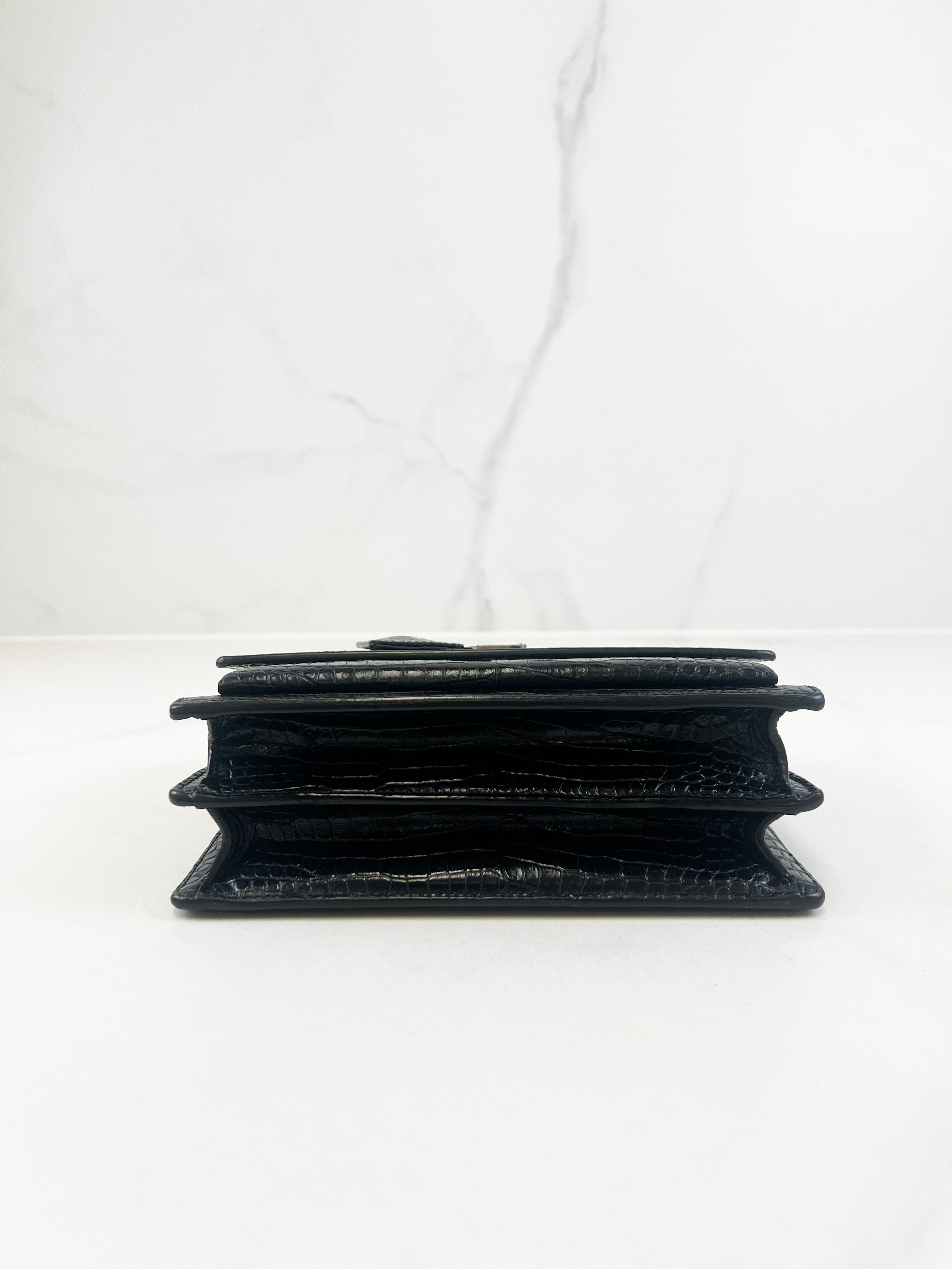 Saint Laurent Sunset Medium Black Croc Shoulder Bag with SHW
