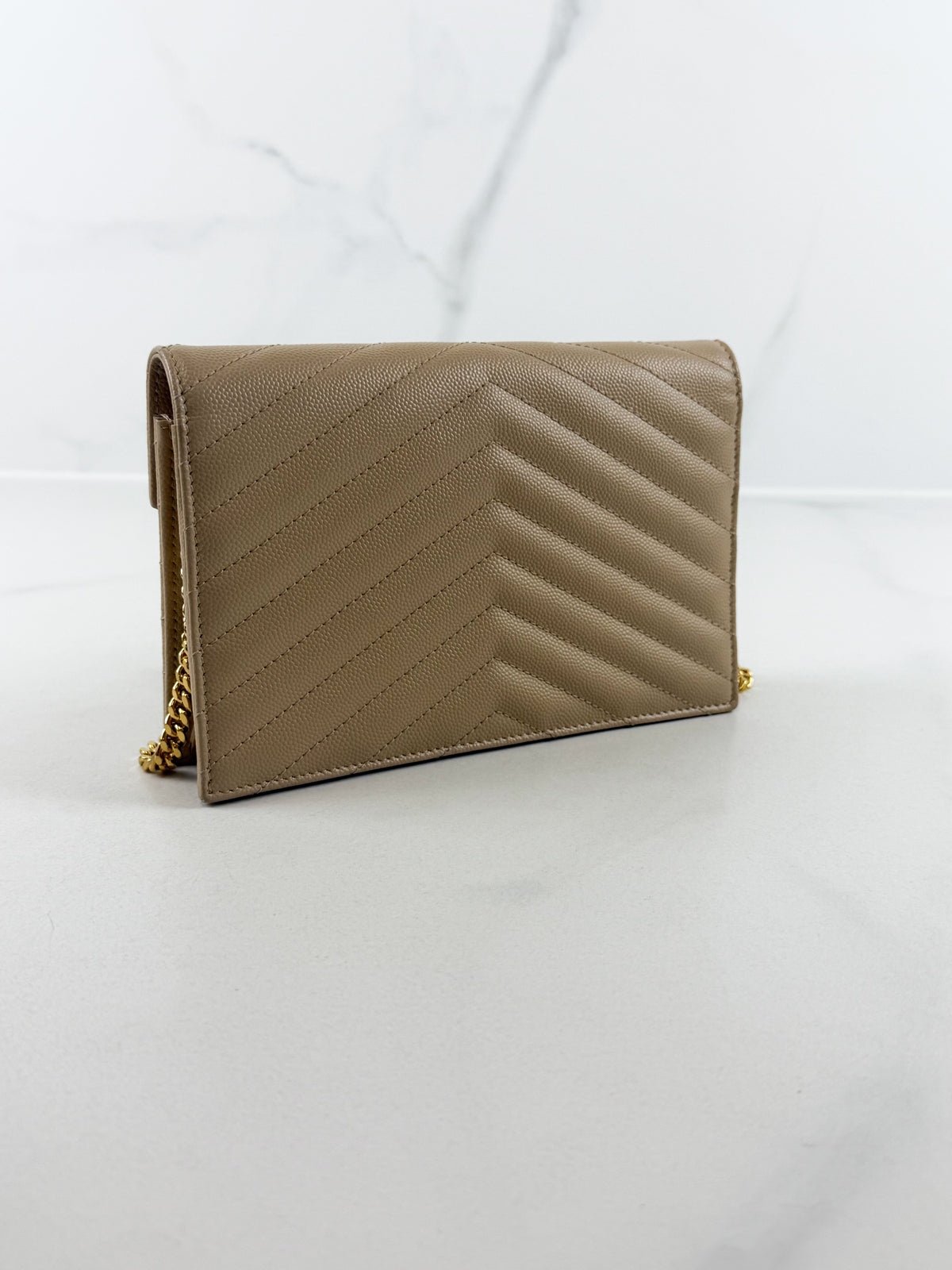 Saint Laurent Dark Beige Cassandre Envelope WOC in Grain De Poudre Leather with GHW