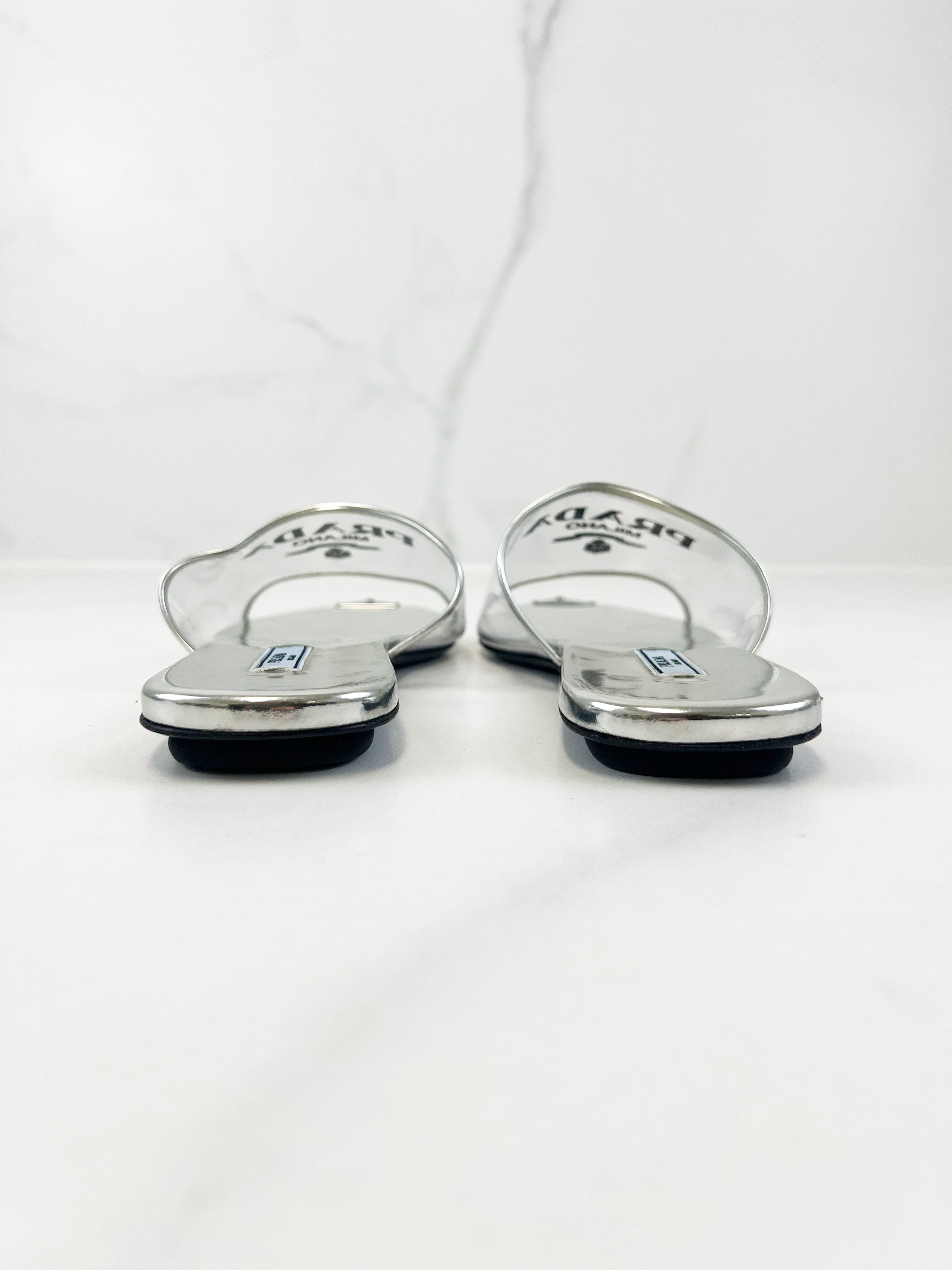 Prada Leather Silver PVC Slides Size 38