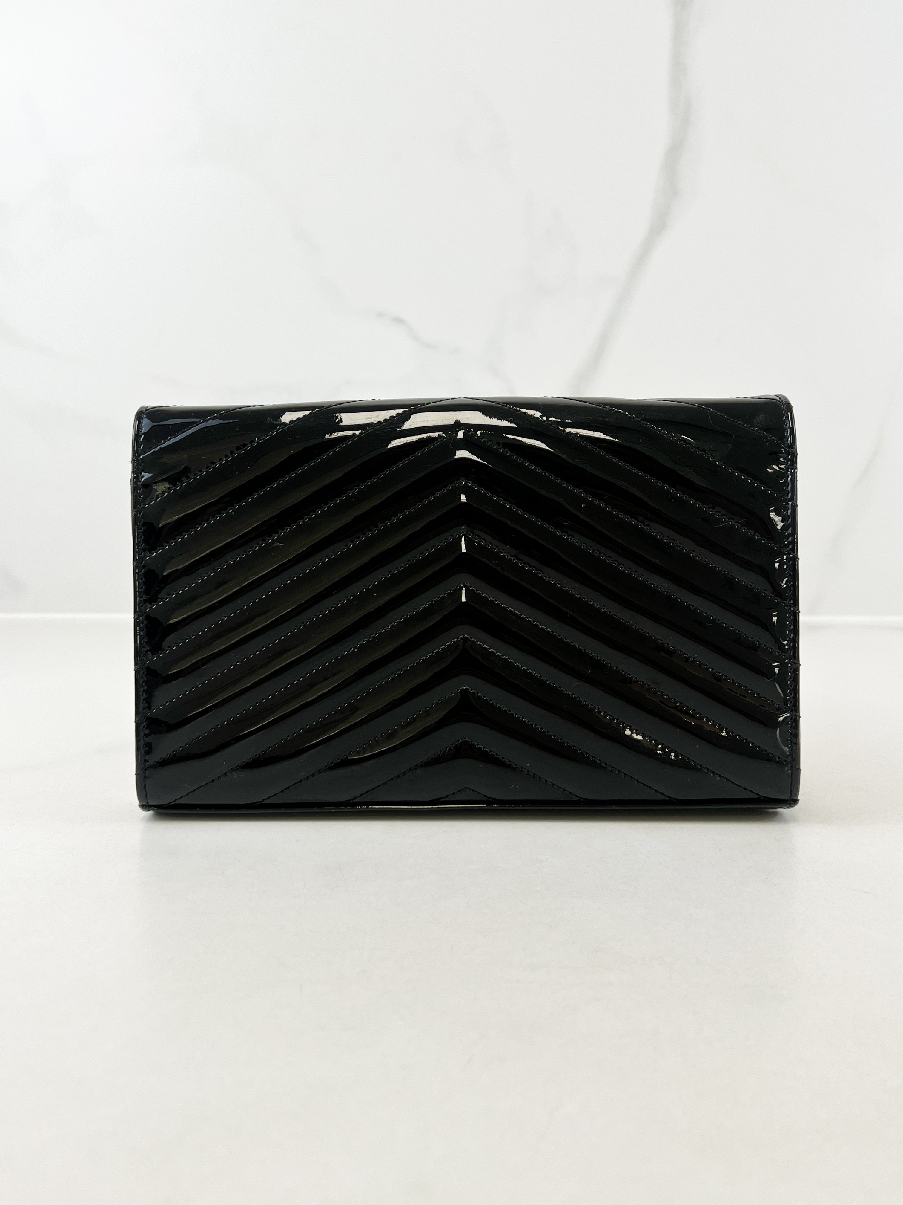 Saint Laurent Patent Black Cassandre Chain WOC with GHW