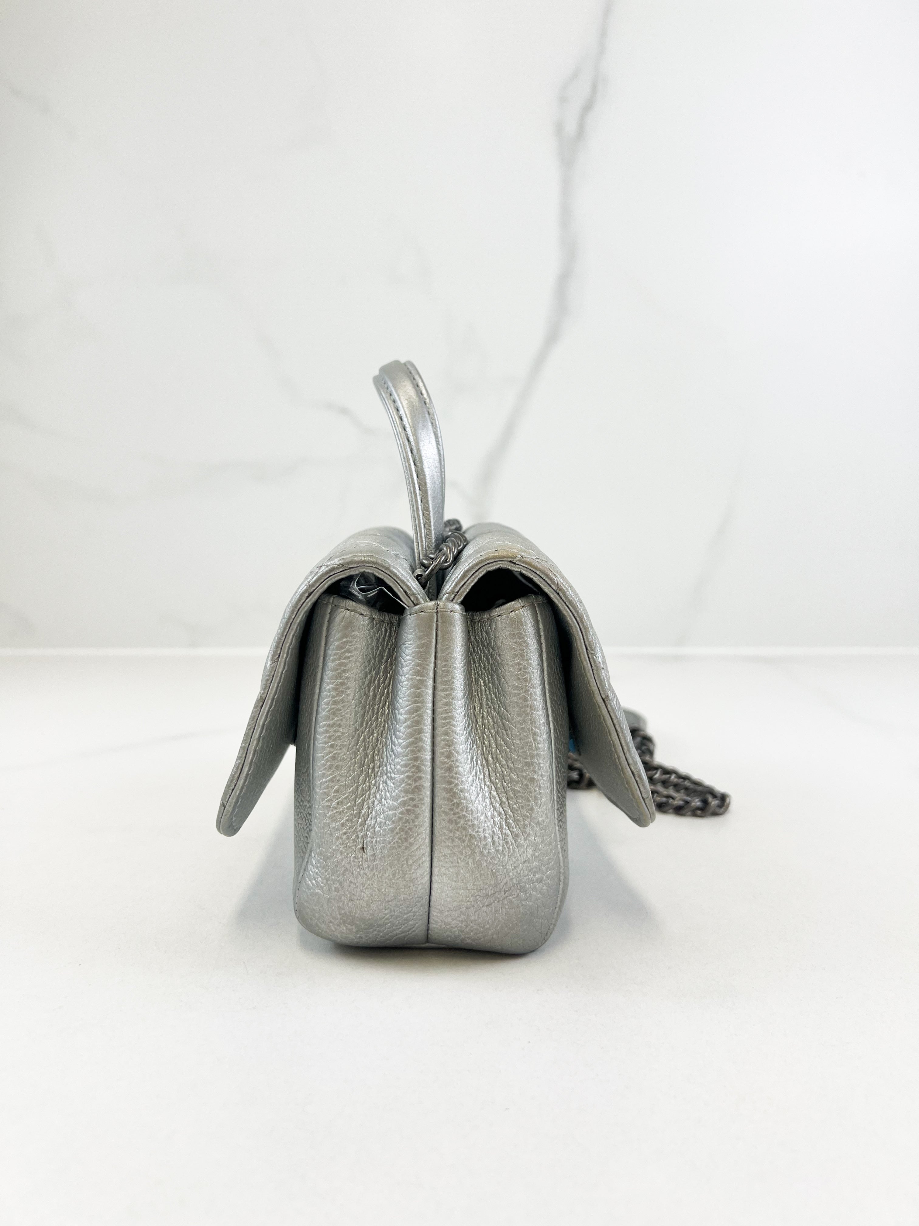 Chanel Quilted Caviar Mini Coco Silver Top Handle Bag