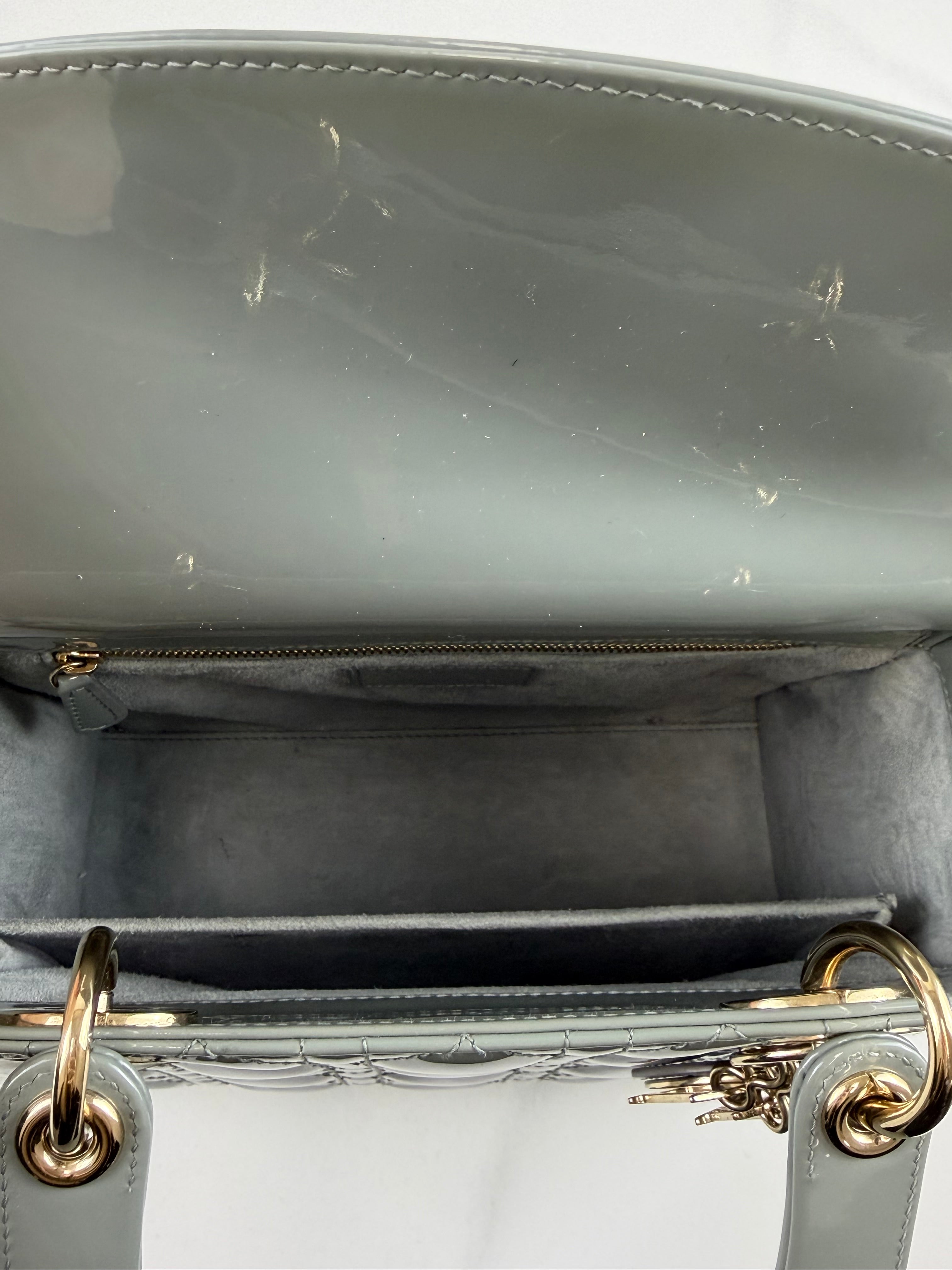 Christian Dior Medium Lady Dior In Grey Patent with GHW