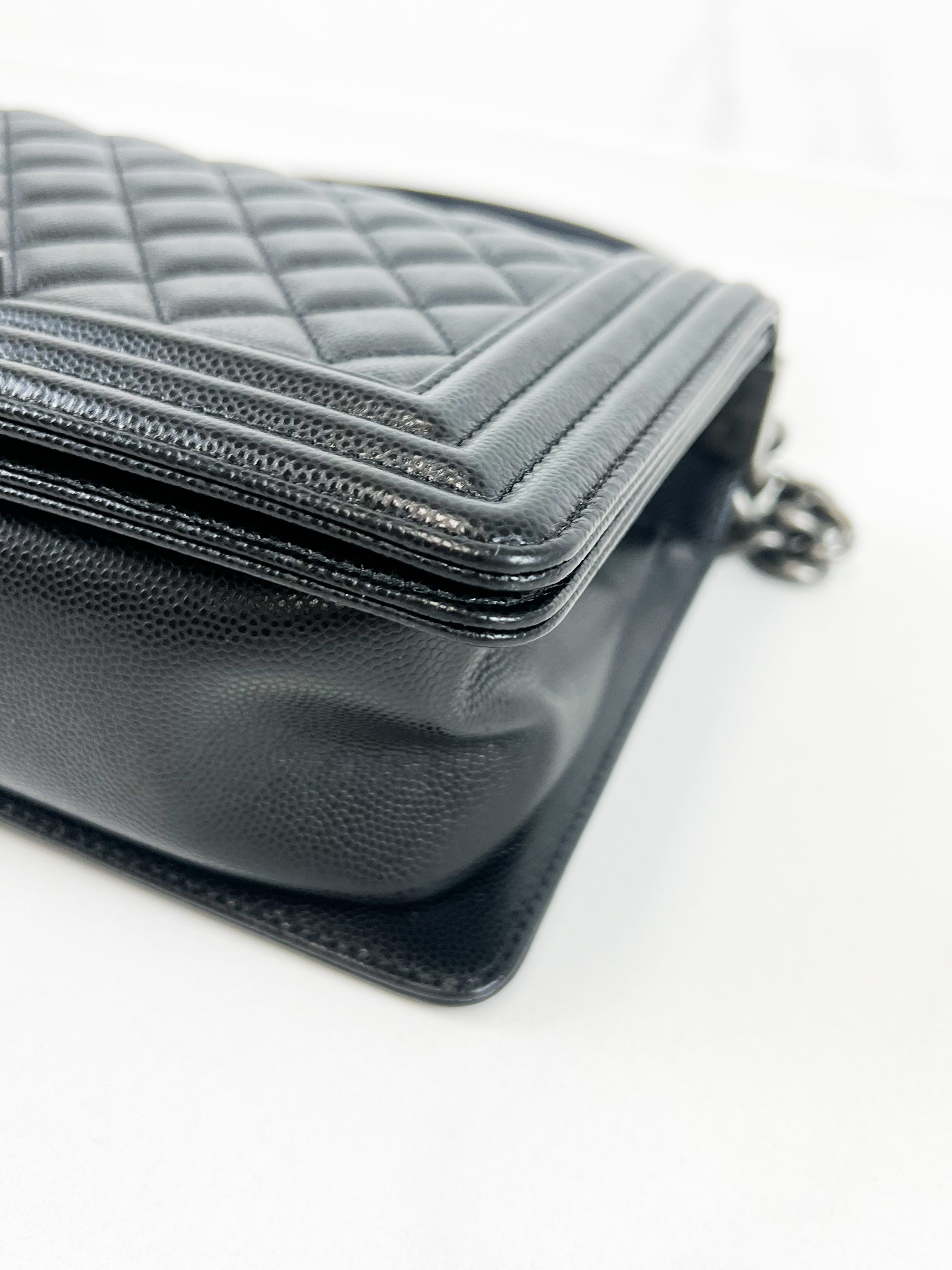 Chanel Old Medium Boy Bag in Black Quilted Caviar with Ruthenium Hardware