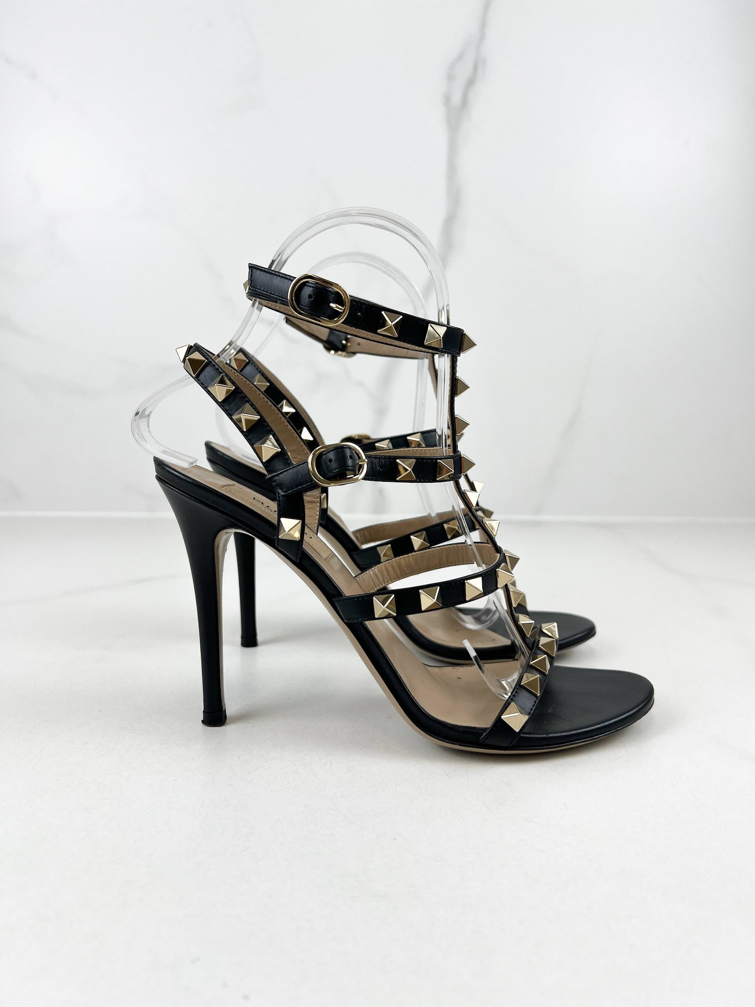 Valentino Garavani Caged Black Rockstud Ankle Strap Sandal Size 36.5
