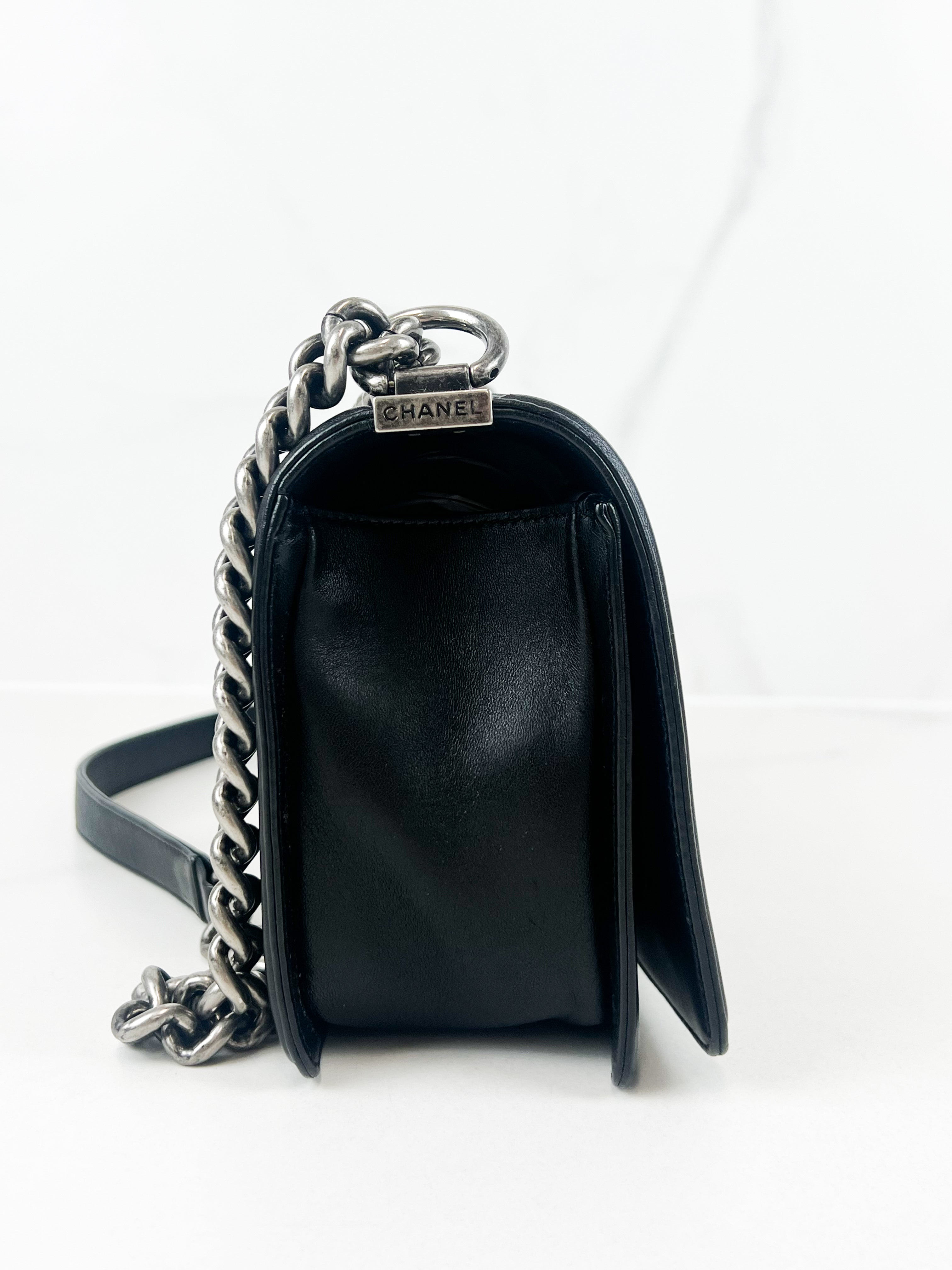Chanel Old Medium Boy Bag in Black Quilted Lambskin with Ruthenium Hardware