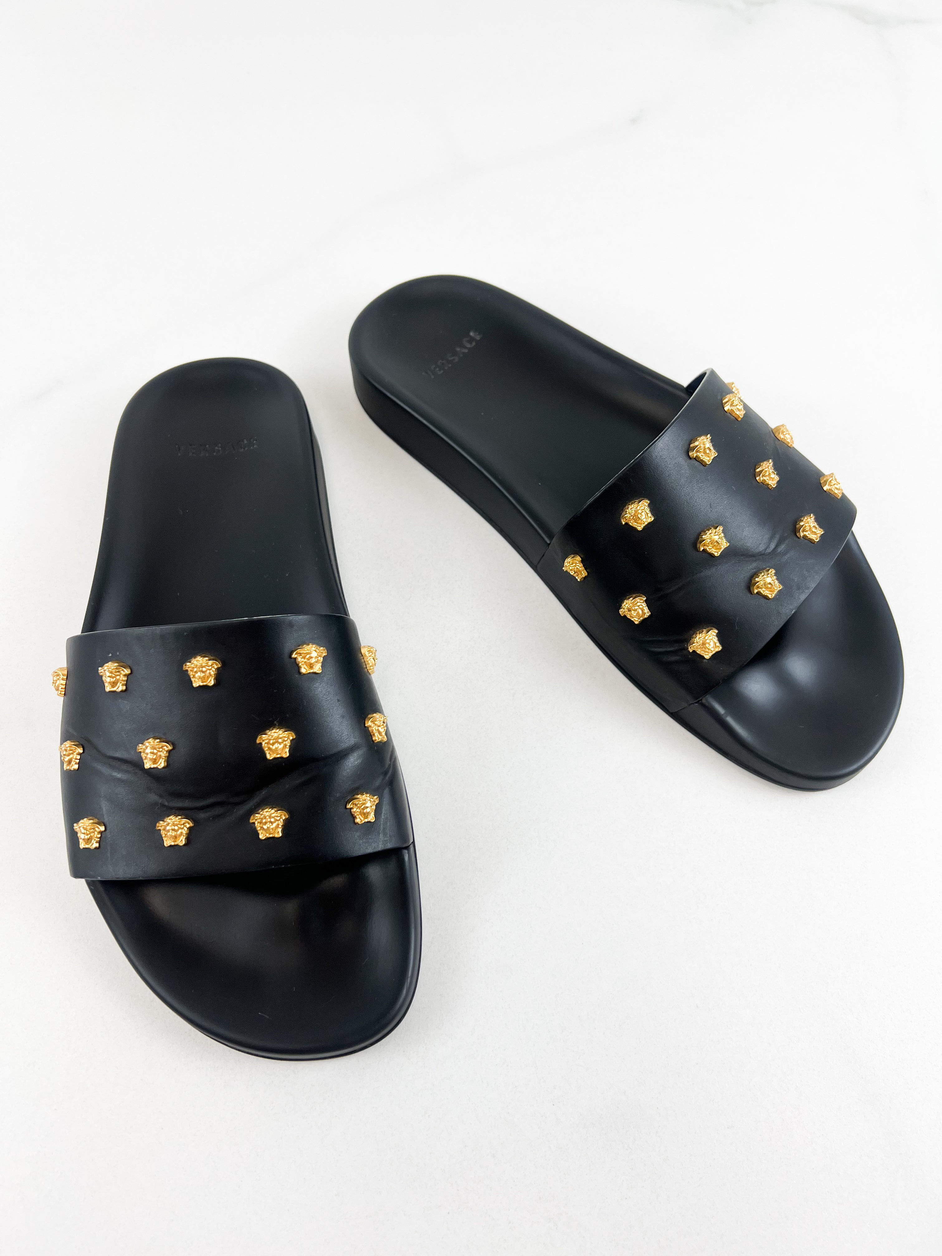 Versace Medusa Stud Leather Slides in Black Size 40