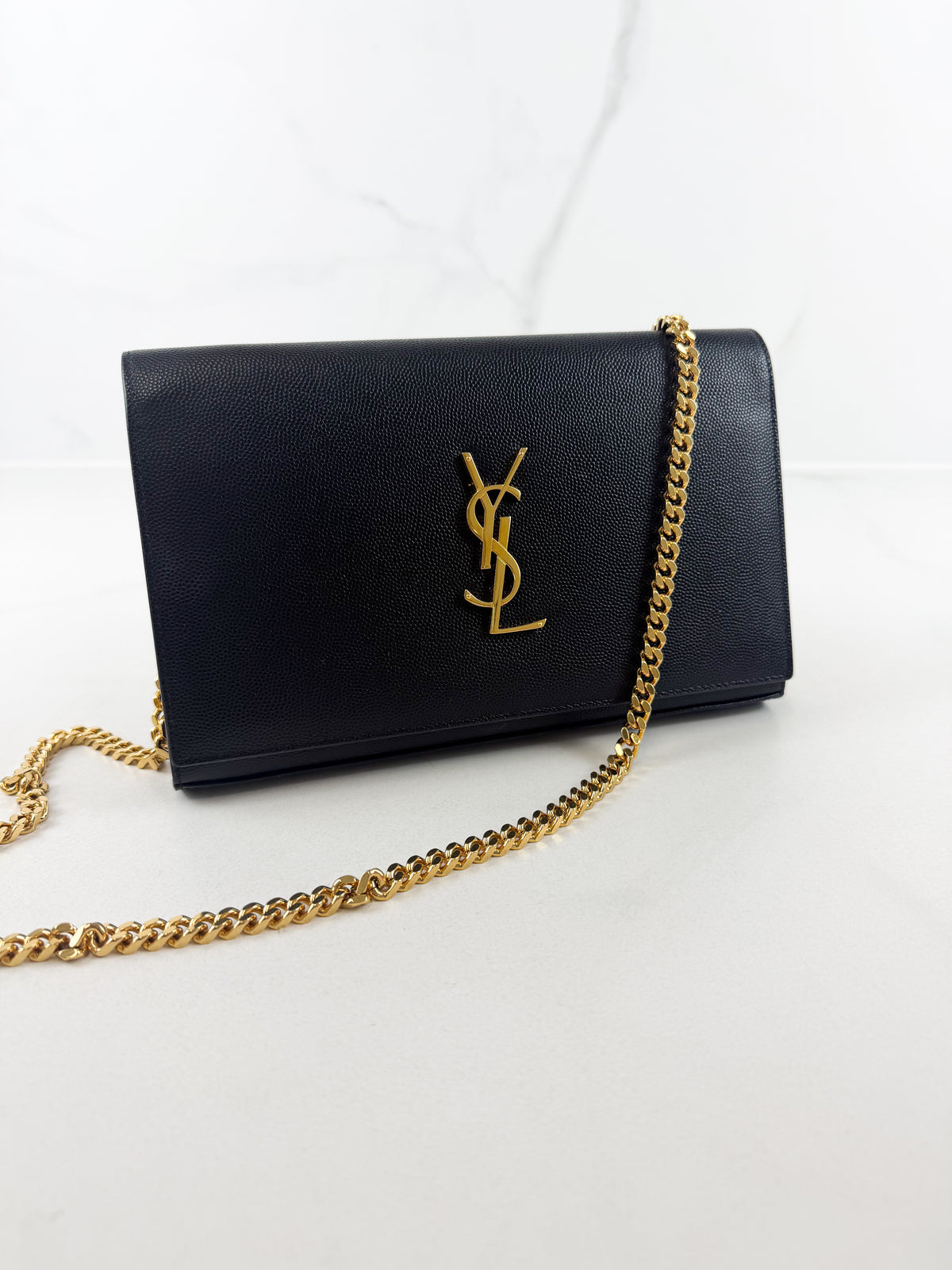 Saint Laurent Small Black Kate Chain Bag in Grain De Poudre Embossed Leather with GHW