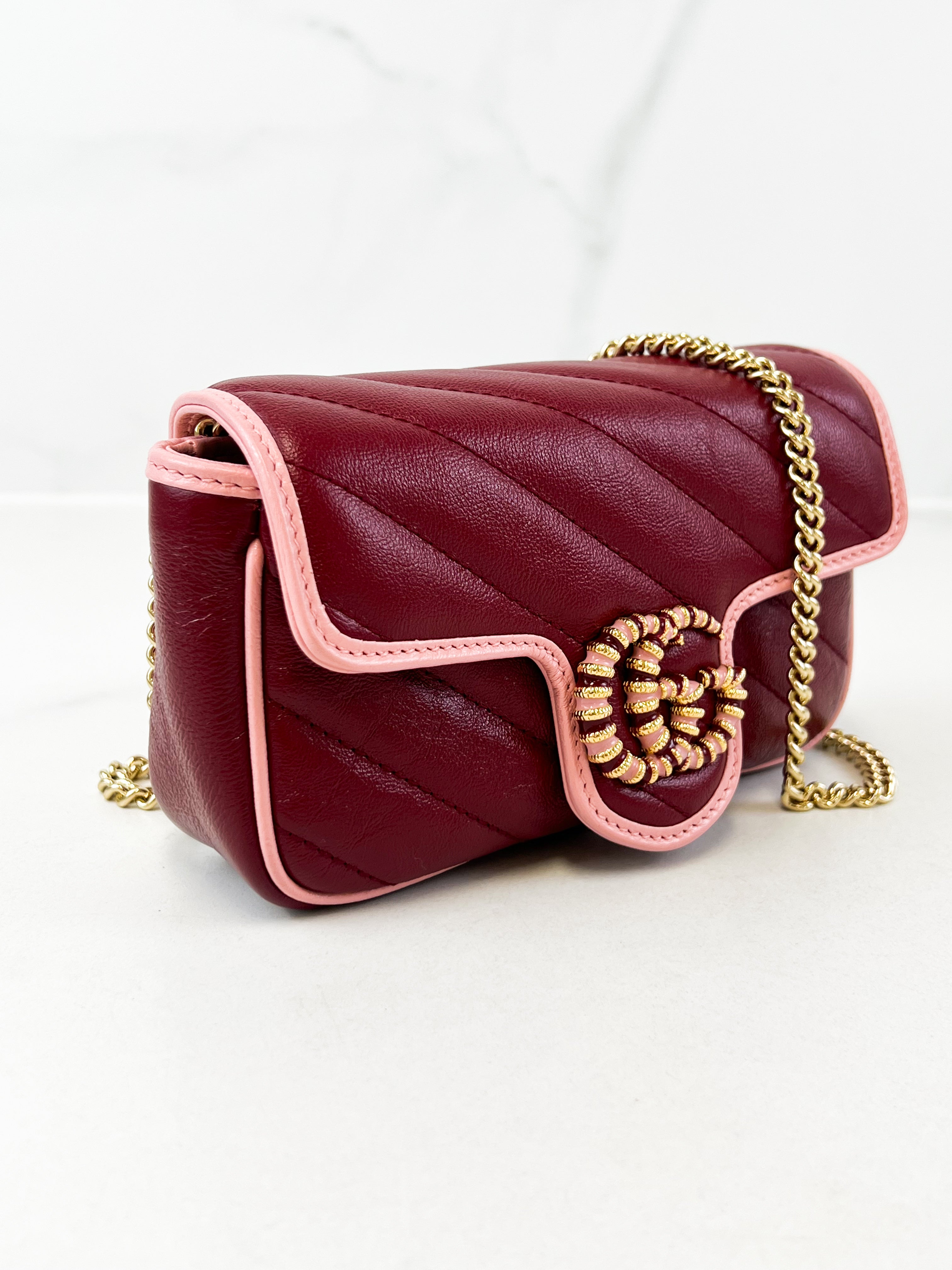 Gucci Super Mini Marmont in Red/Burgundy Matelassé Leather with Light Pink Piping