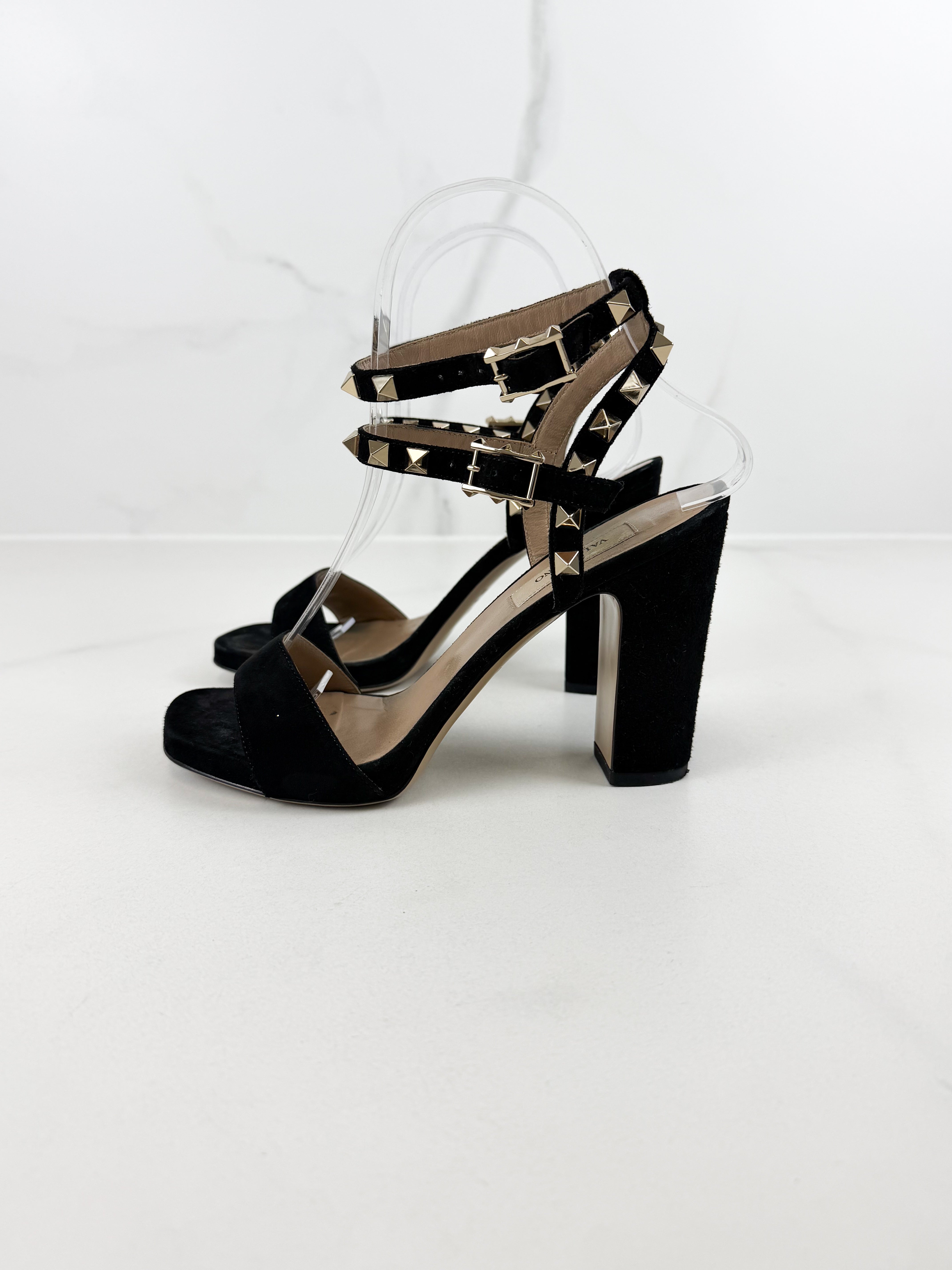 Valentino Black Velvet Rockstud Ankle Strap Heel Size 35.5