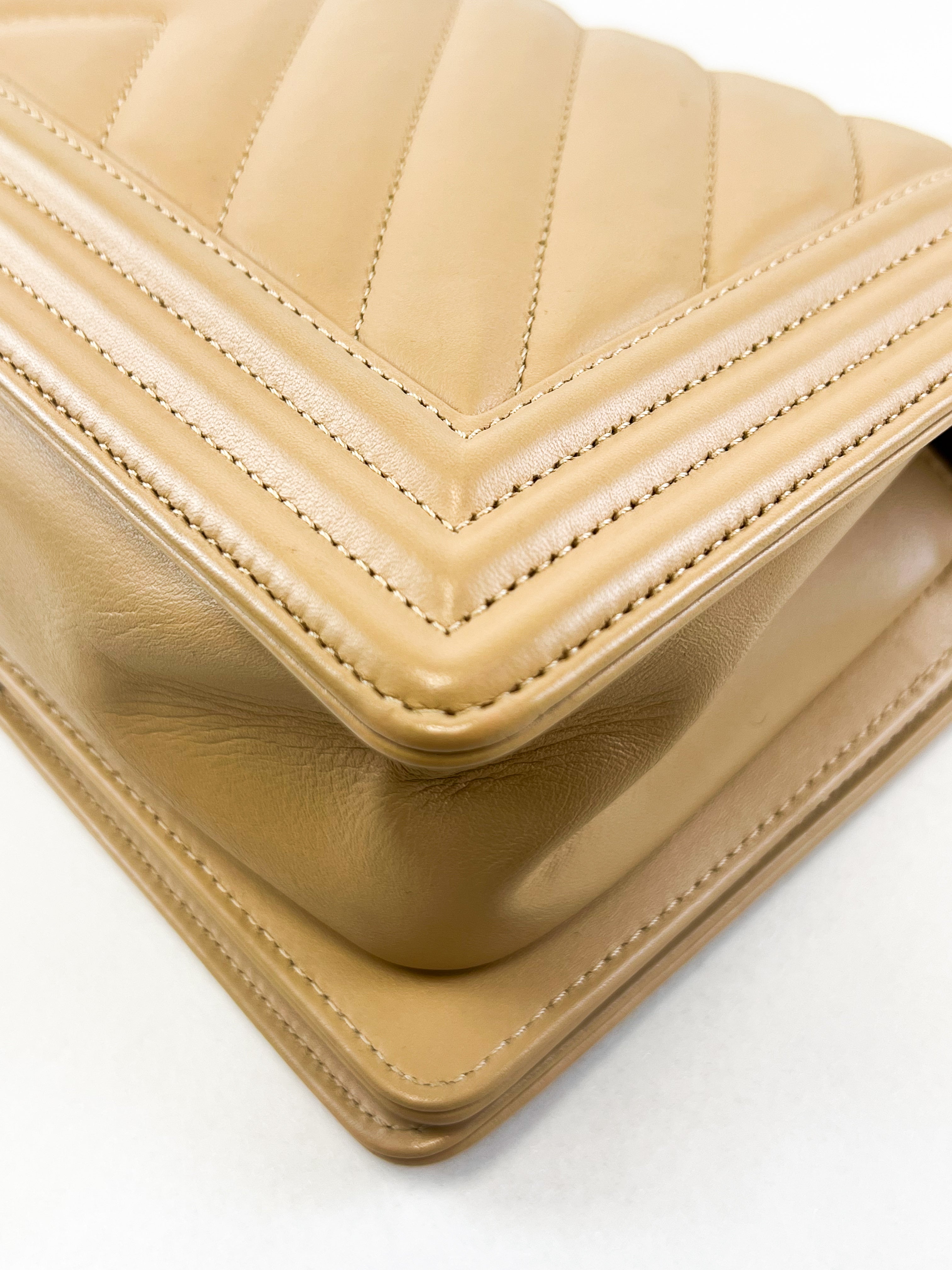 Chanel Beige Old Medium Chevron Calfskin Boy Bag with GHW