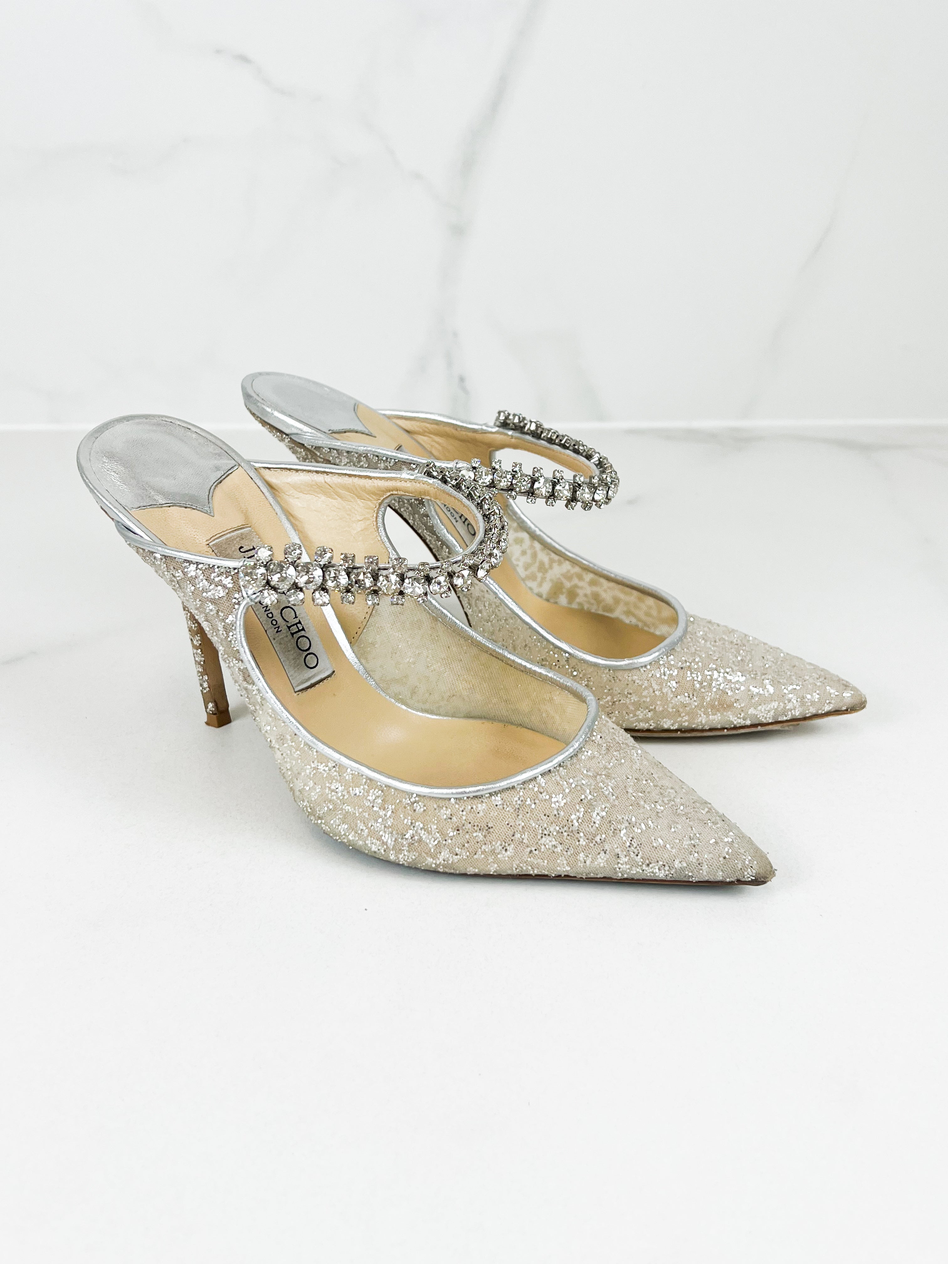 Jimmy Choo Bing Silver Glitter Fabric Mule Size 39