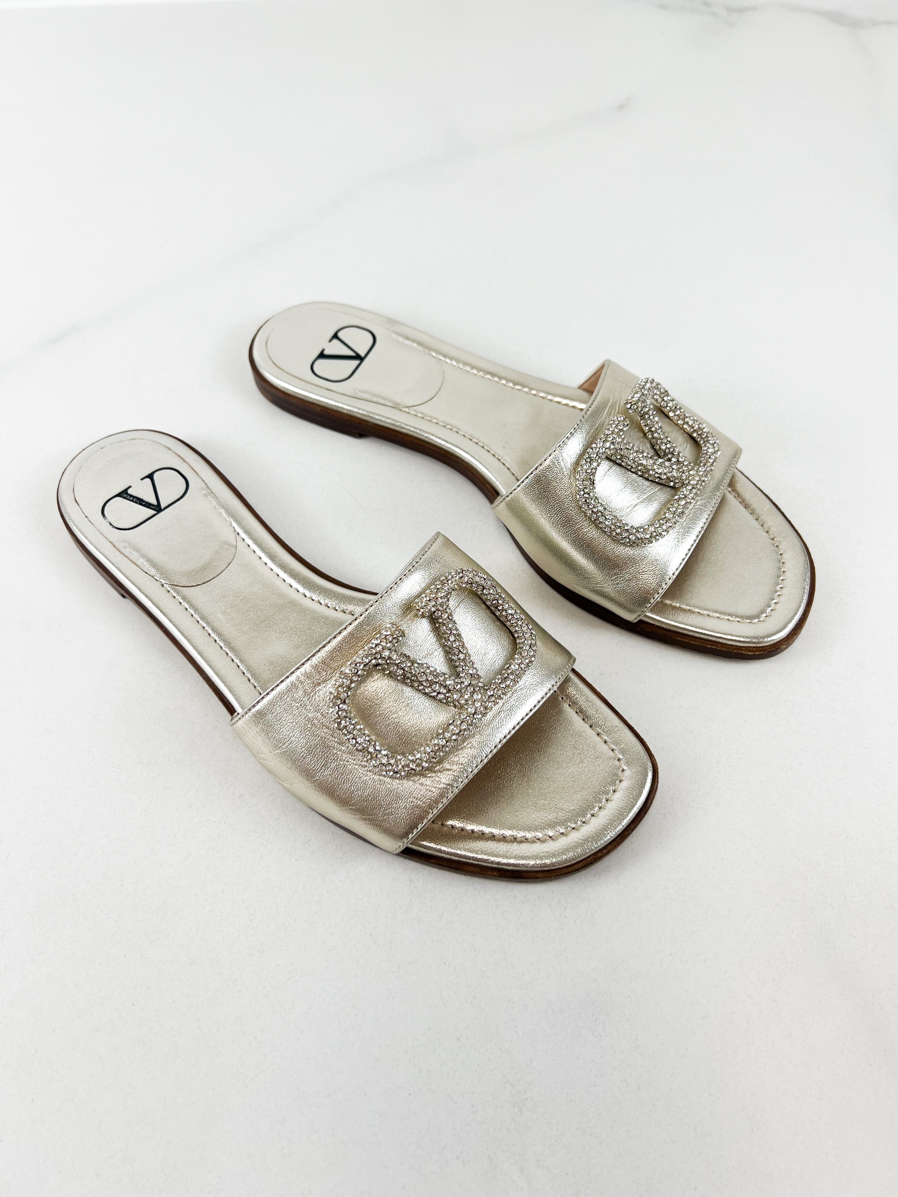Valentino Garavani VLogo Slide in Metallic Leather Size 38