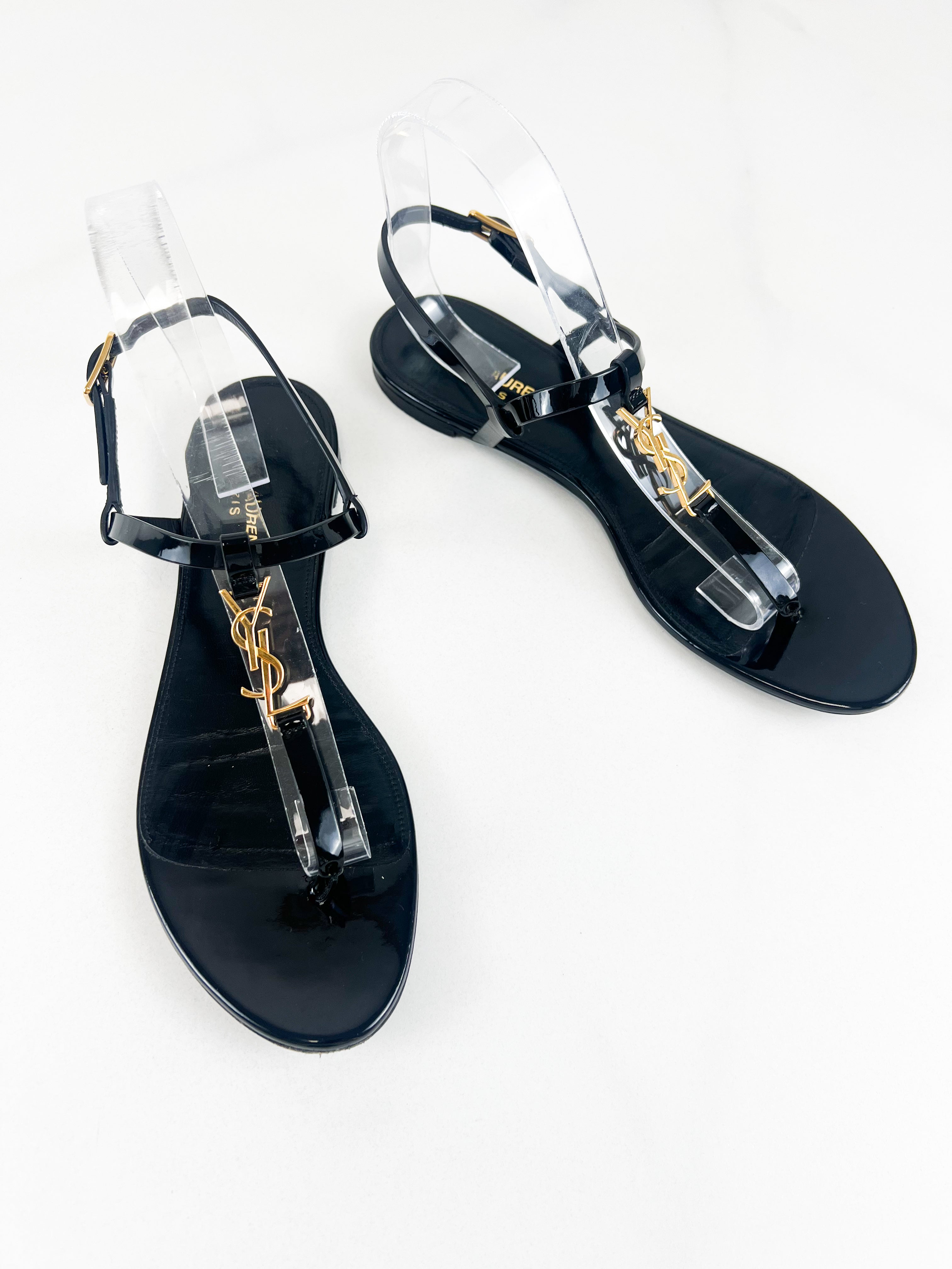Saint Laurent Cassandra Flat Sandal in Black Patent Leather 38.5