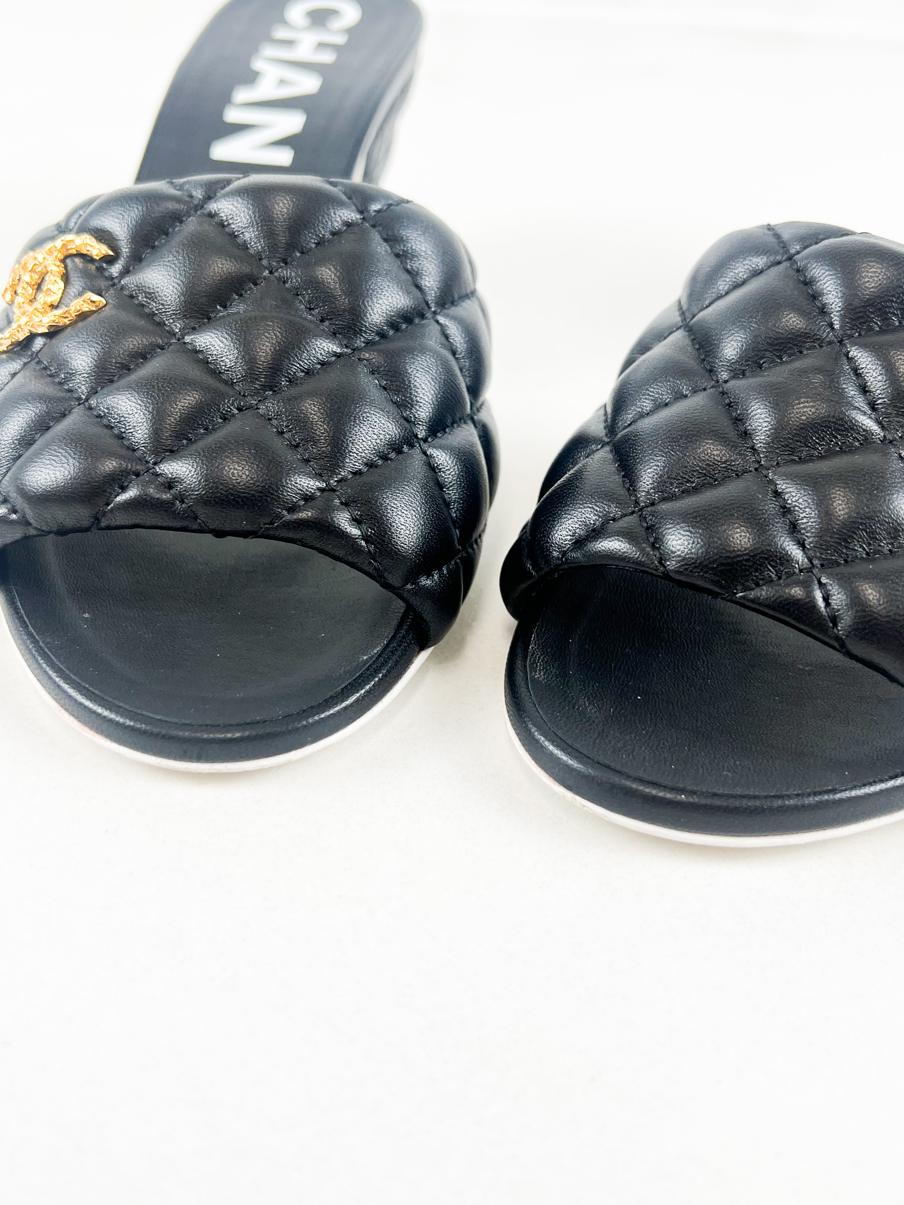 Chanel Black Lambskin Quilted Mules with Gold CC Logo