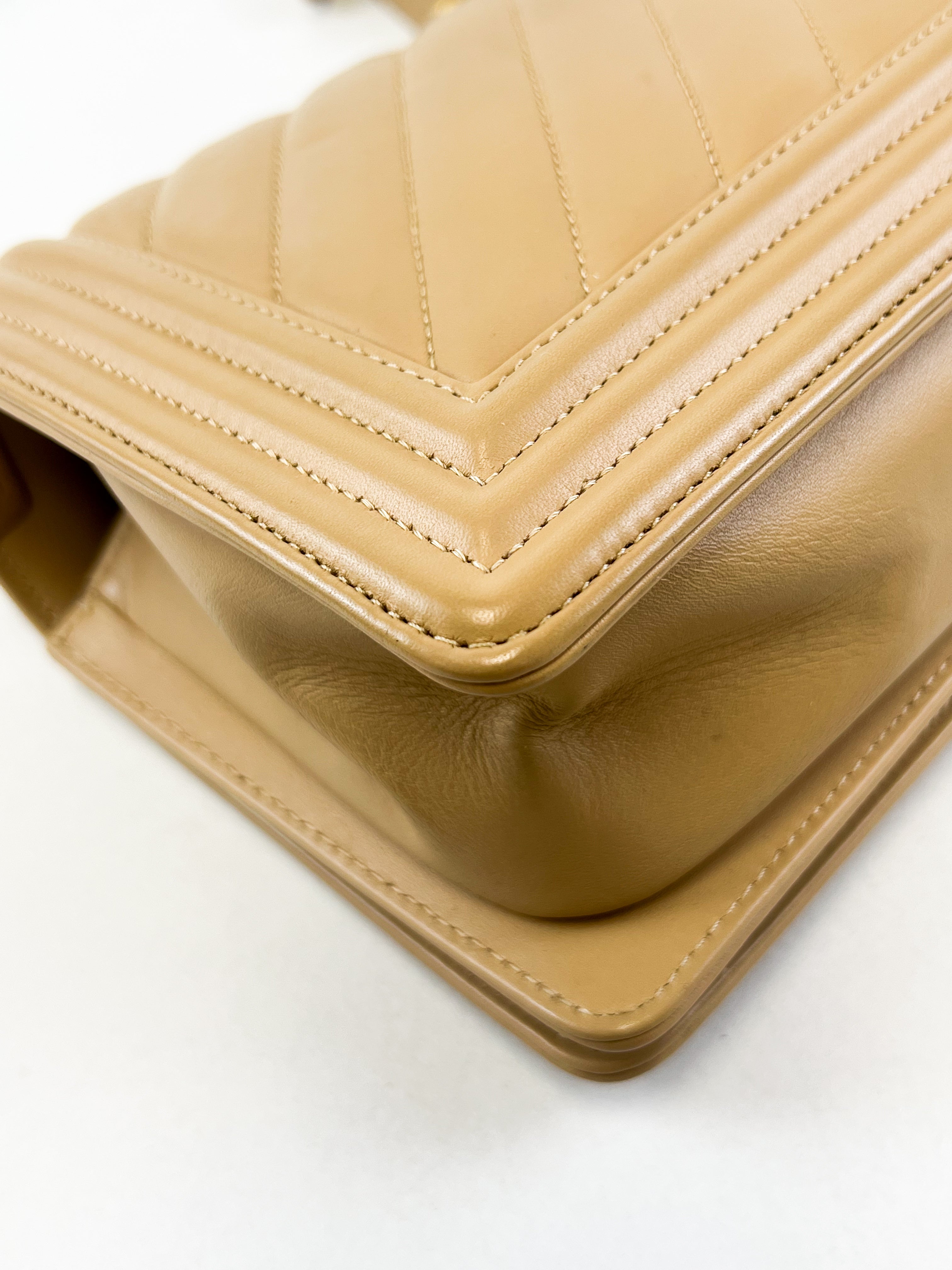 Chanel Beige Old Medium Chevron Calfskin Boy Bag with GHW