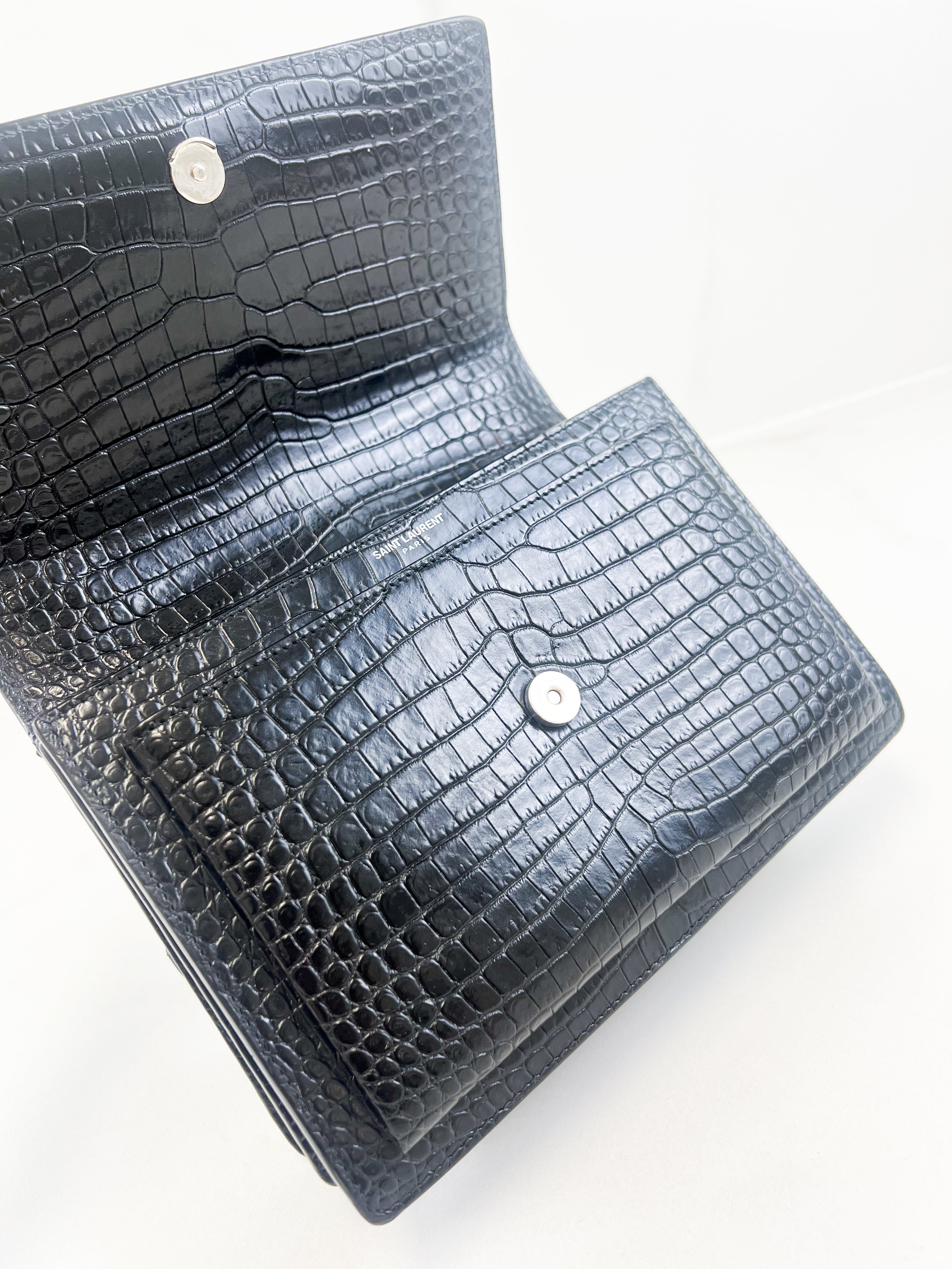 Saint Laurent Sunset Medium Black Croc Shoulder Bag with SHW