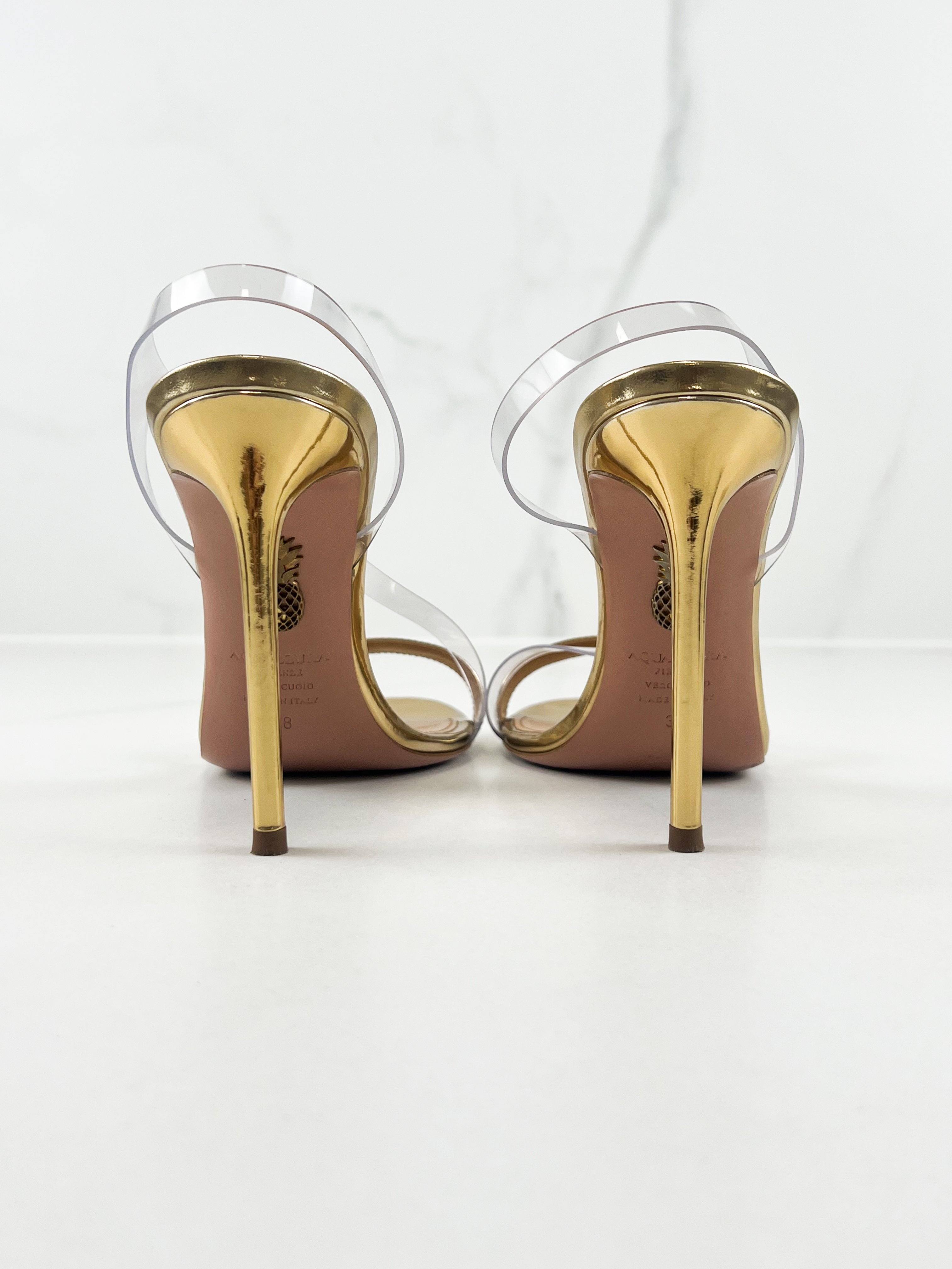 Aquazzura Kiss Sandal 105mm in PVC & Gold Size 38