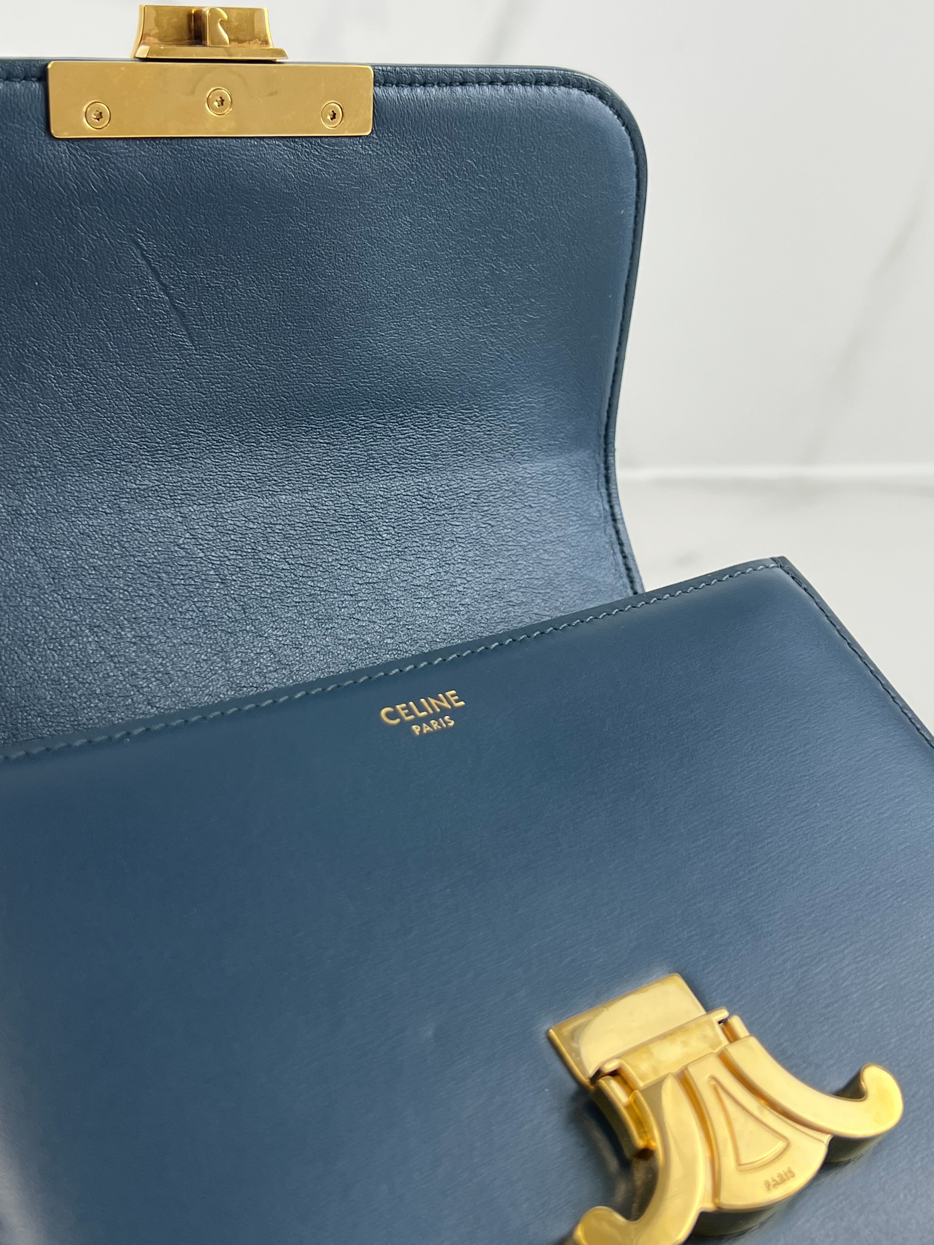 Celine Teen Triomphe Bag in Petrol Calfskin