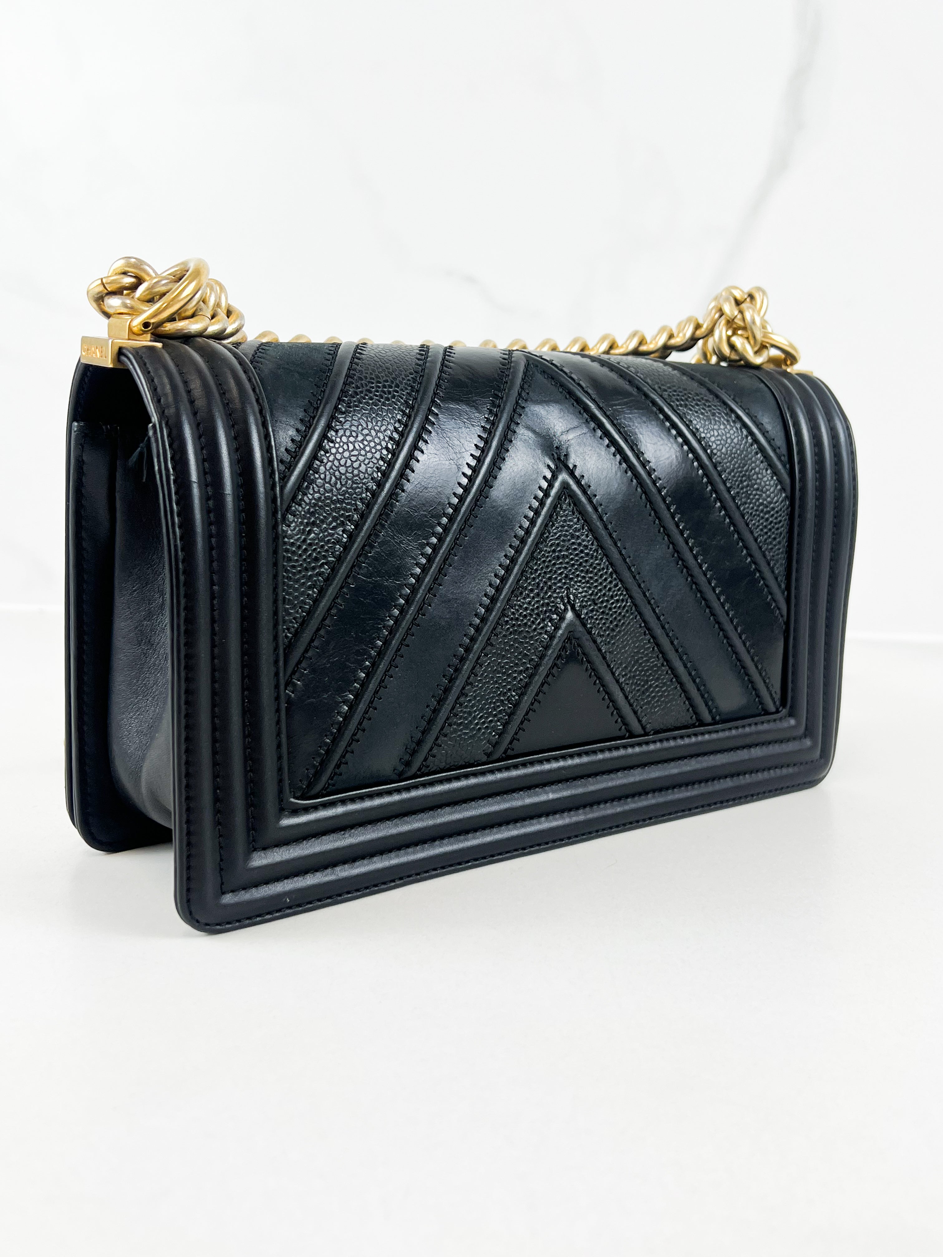 Chanel Old Medium Boy Bag in Black Chevron Calfskin with Vintage GHW
